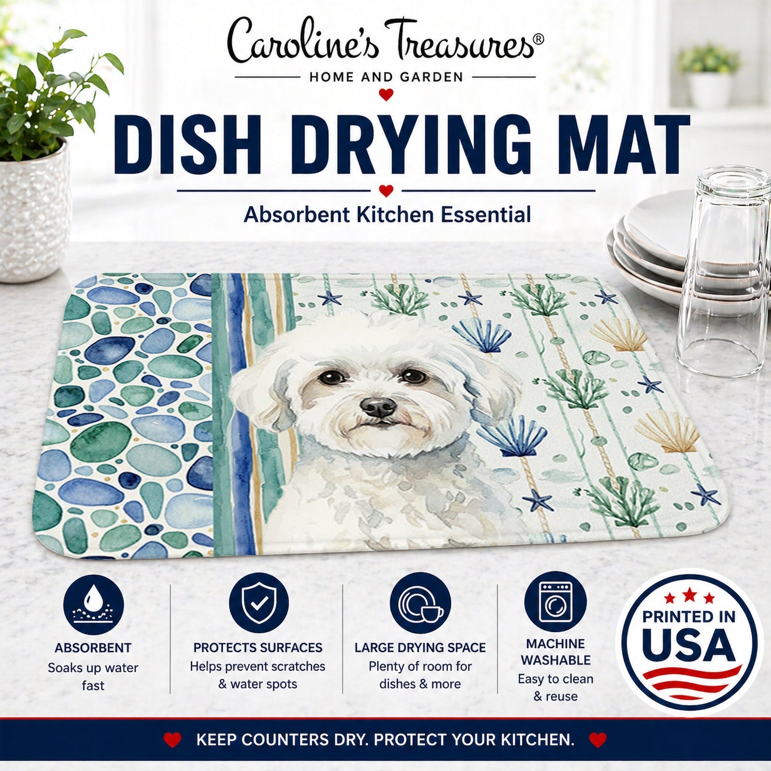 Bichon Frise Coastal Sea Glass Dish Drying Mat Absorbent Dish Drying Mat Pad for Kitchen Counter Dish Drainer Mat for Countertop, 14 x 21", Multicolor