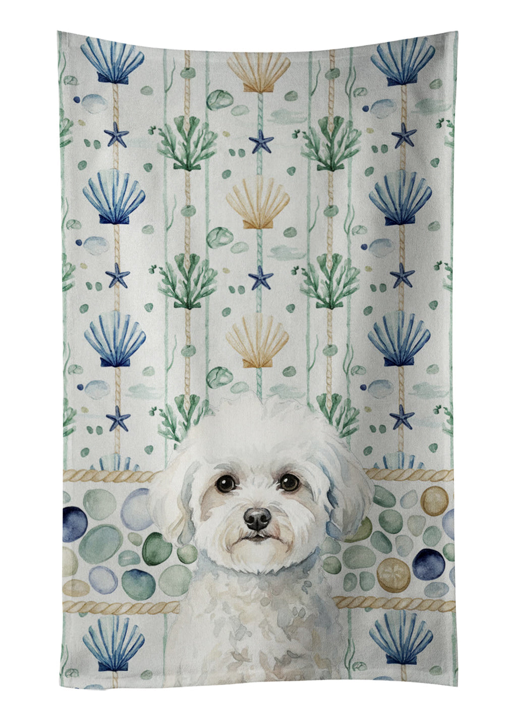Bichon Frise Coastal Sea Glass Kitchen Towel Velour Plush Front and Cotton Loop Back Machine Washable
