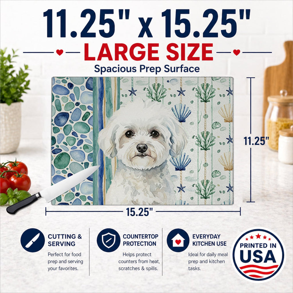 Bichon Frise Coastal Sea Glass Cutting Board Tempered Glass Kitchen Cutting Surface, Heat Resistant Chopping, Non-Slip Feet, Food Prep & Serving