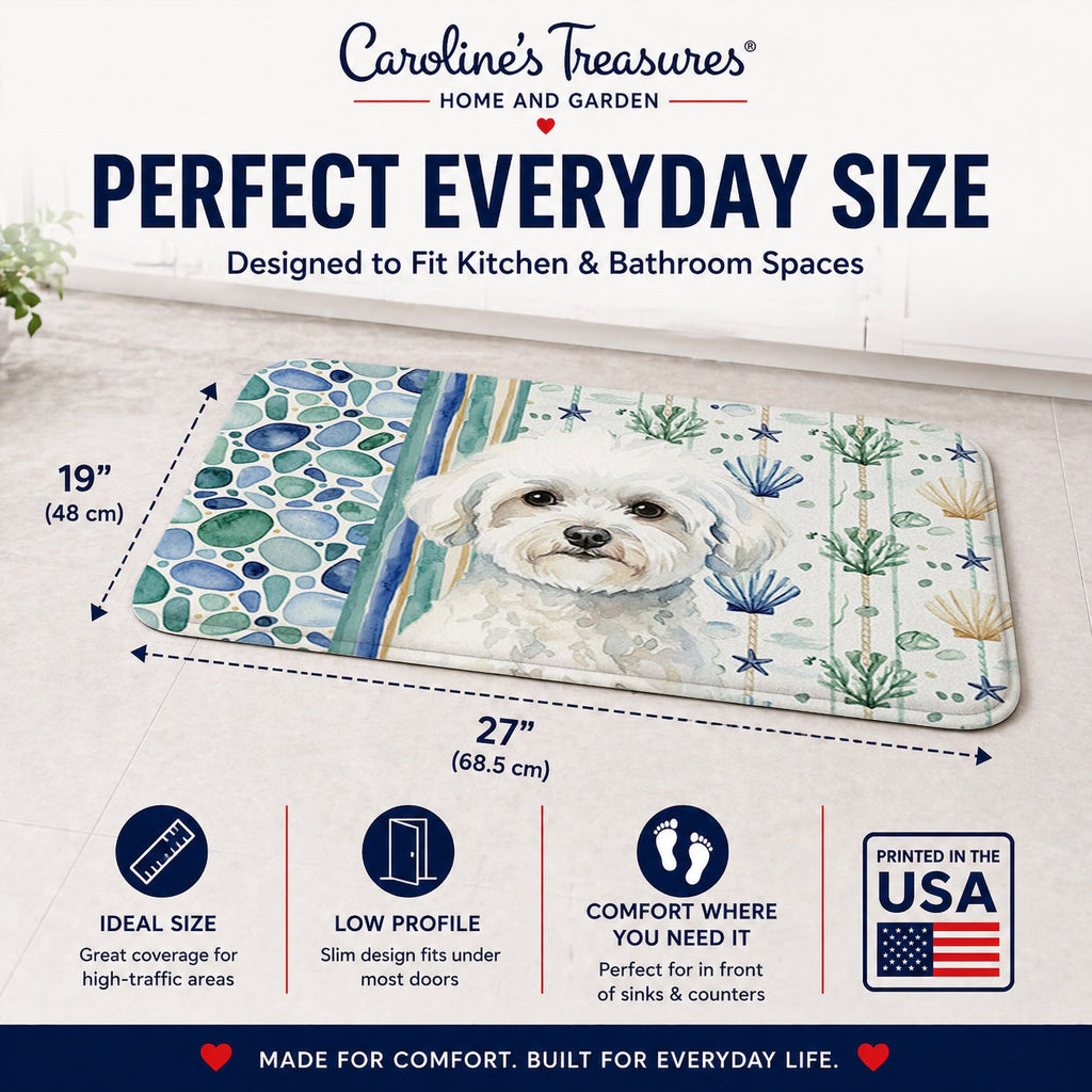 Bichon Frise Coastal Sea Glass Memory Foam Kitchen Mat Machine Washable Anti-Fatigue Cushion Comfort Bath or Kitchen Rug