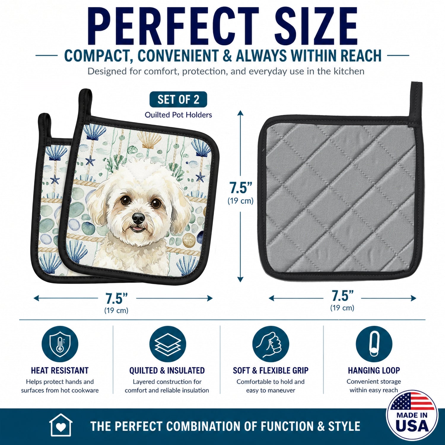 White and Cream Bichon Frise Coastal Sea Glass Pot Holder Set of 2 Heat Resistant Quilted Hot Pads 7.5 x 7.5 Inch, Insulated Kitchen Trivets for Cooking & Baking