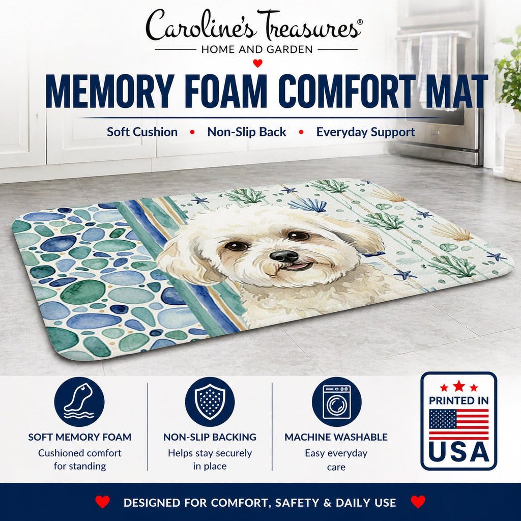 White and Cream Bichon Frise Coastal Sea Glass Memory Foam Kitchen Mat Machine Washable Anti-Fatigue Cushion Comfort Bath or Kitchen Rug