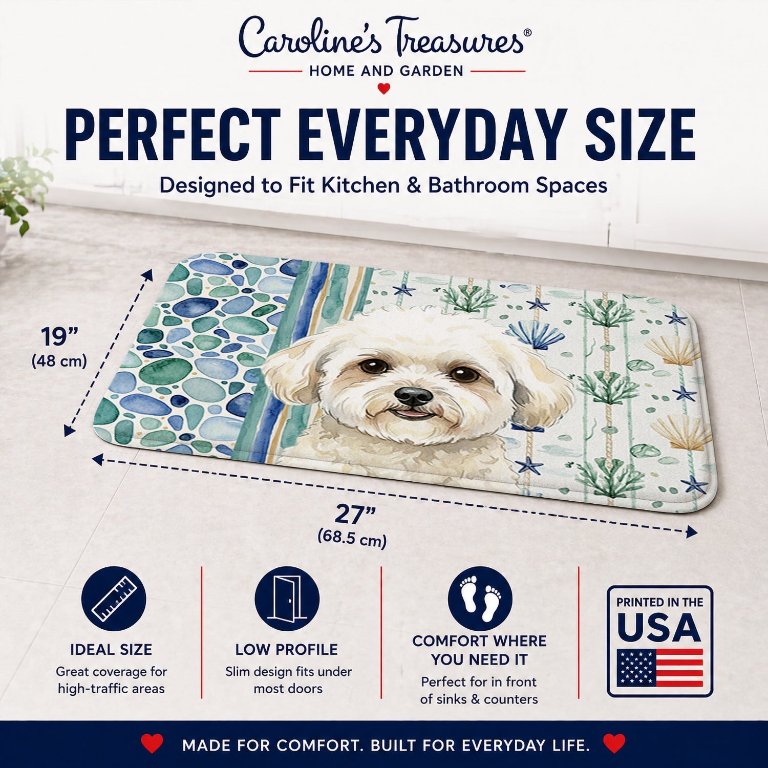 White and Cream Bichon Frise Coastal Sea Glass Memory Foam Kitchen Mat Machine Washable Anti-Fatigue Cushion Comfort Bath or Kitchen Rug