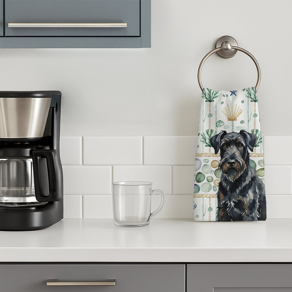 Black Russian Terrier Coastal Sea Glass Kitchen Towel Velour Plush Front and Cotton Loop Back Machine Washable