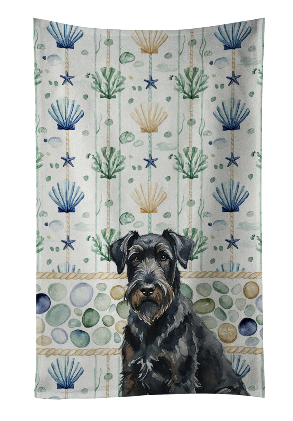 Black Russian Terrier Coastal Sea Glass Kitchen Towel Velour Plush Front and Cotton Loop Back Machine Washable