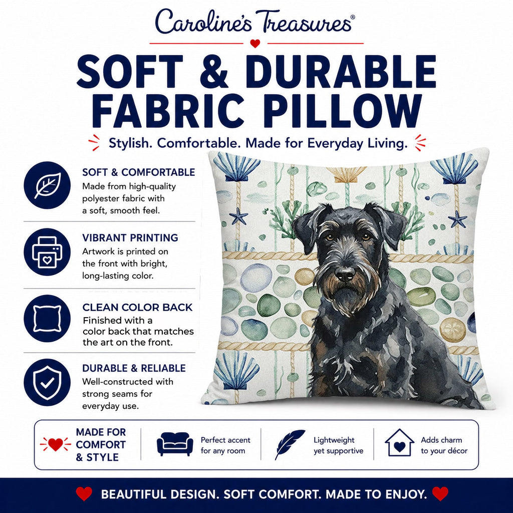 Black Russian Terrier Coastal Sea Glass Decorative Throw Pillow 14x14 Indoor Outdoor Accent Cushion, Fabric Cover with Insert for Sofa, Bed, Porch & Living Room