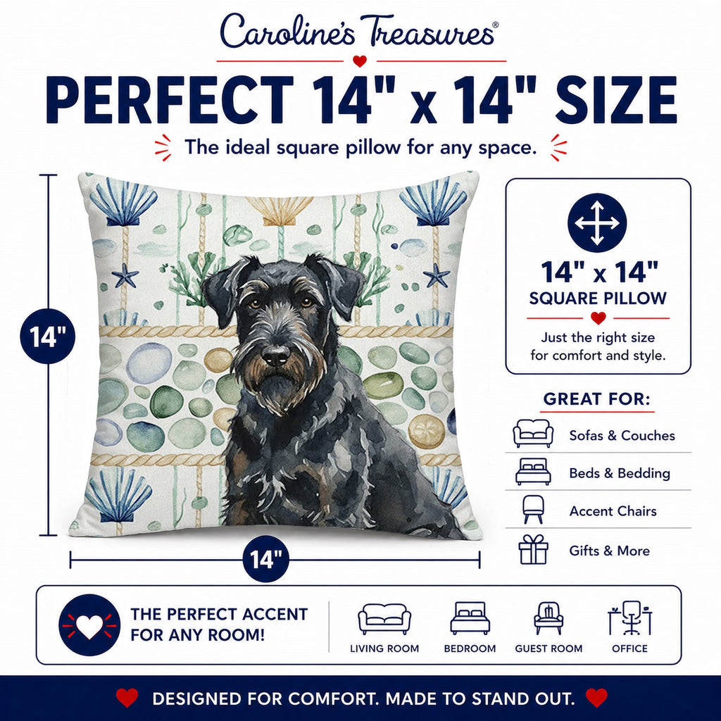Black Russian Terrier Coastal Sea Glass Decorative Throw Pillow 14x14 Indoor Outdoor Accent Cushion, Fabric Cover with Insert for Sofa, Bed, Porch & Living Room