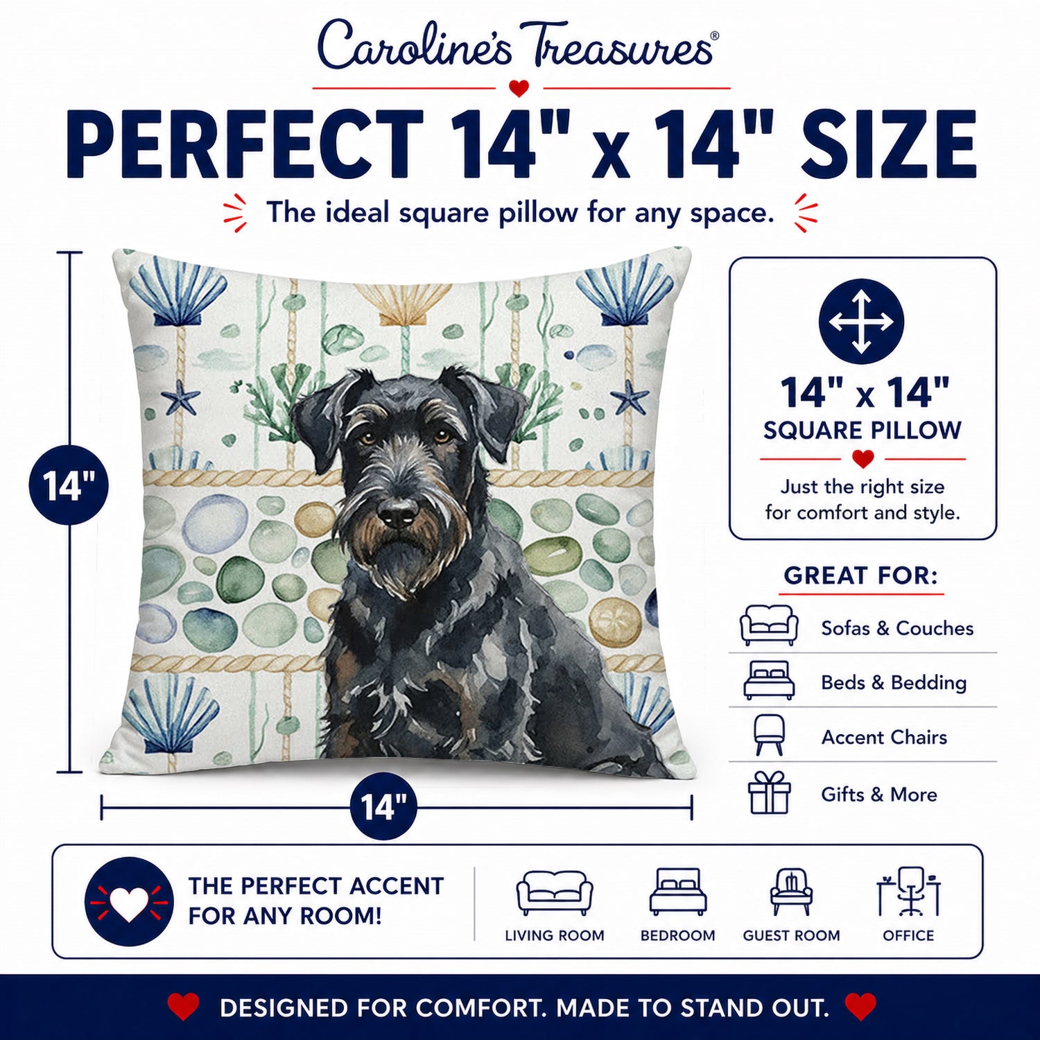 Black Russian Terrier Coastal Sea Glass Decorative Throw Pillow 14x14 Indoor Outdoor Accent Cushion, Fabric Cover with Insert for Sofa, Bed, Porch & Living Room