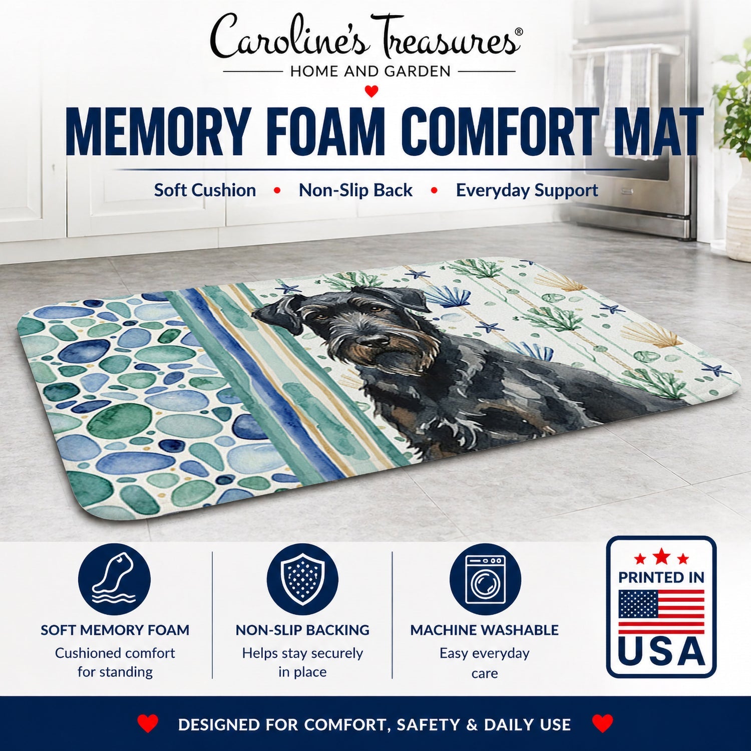 Black Russian Terrier Coastal Sea Glass Memory Foam Kitchen Mat Machine Washable Anti-Fatigue Cushion Comfort Bath or Kitchen Rug