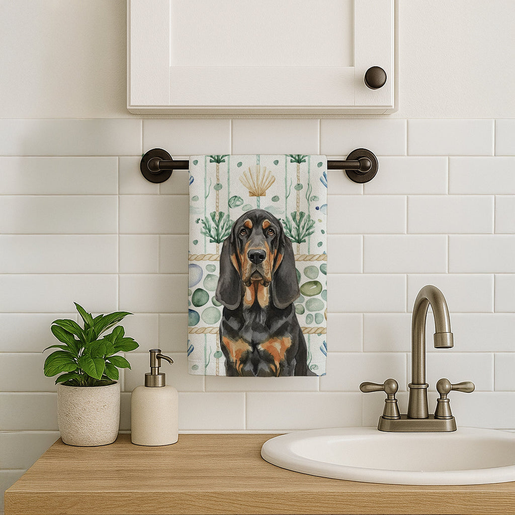 Black and Tan Bloodhound Coastal Sea Glass Kitchen Towel Velour Plush Front and Cotton Loop Back Machine Washable