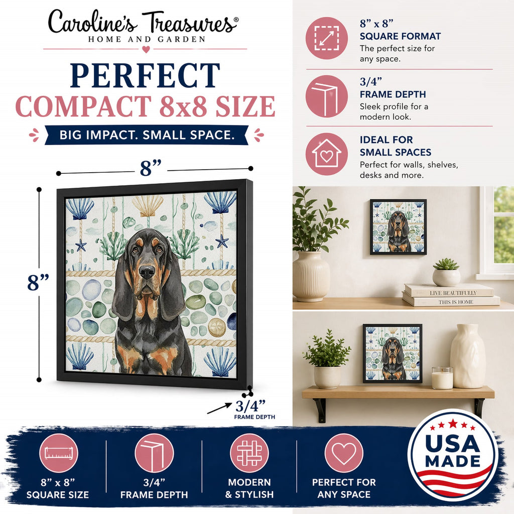 Black and Tan Bloodhound Coastal Sea Glass Framed Metal Print Bathroom, Kitchen, Office, Home Decor Wall Art Ready to Hang, Square, 8X8