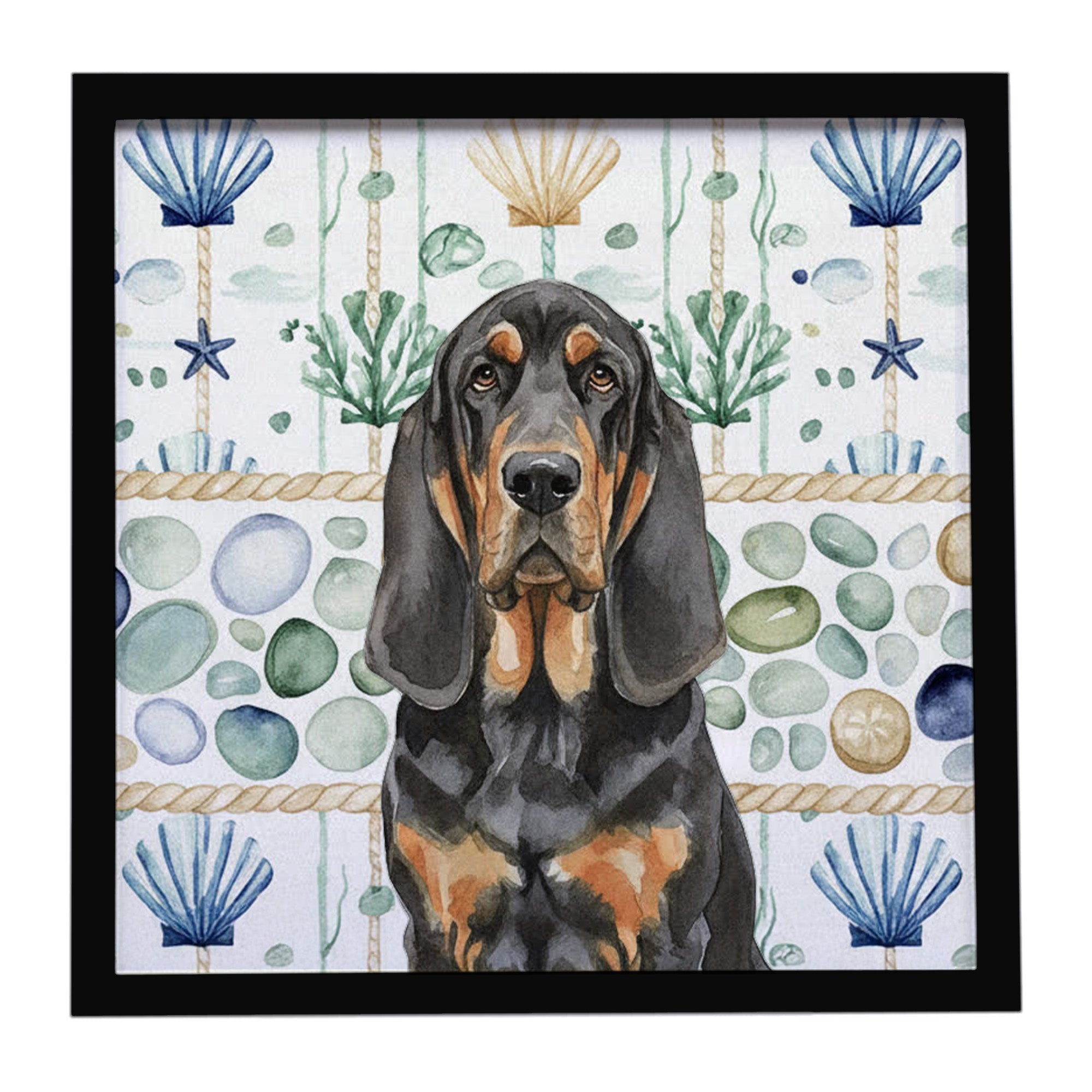 Black and Tan Bloodhound Coastal Sea Glass Framed Metal Print Bathroom, Kitchen, Office, Home Decor Wall Art Ready to Hang, Square, 8X8