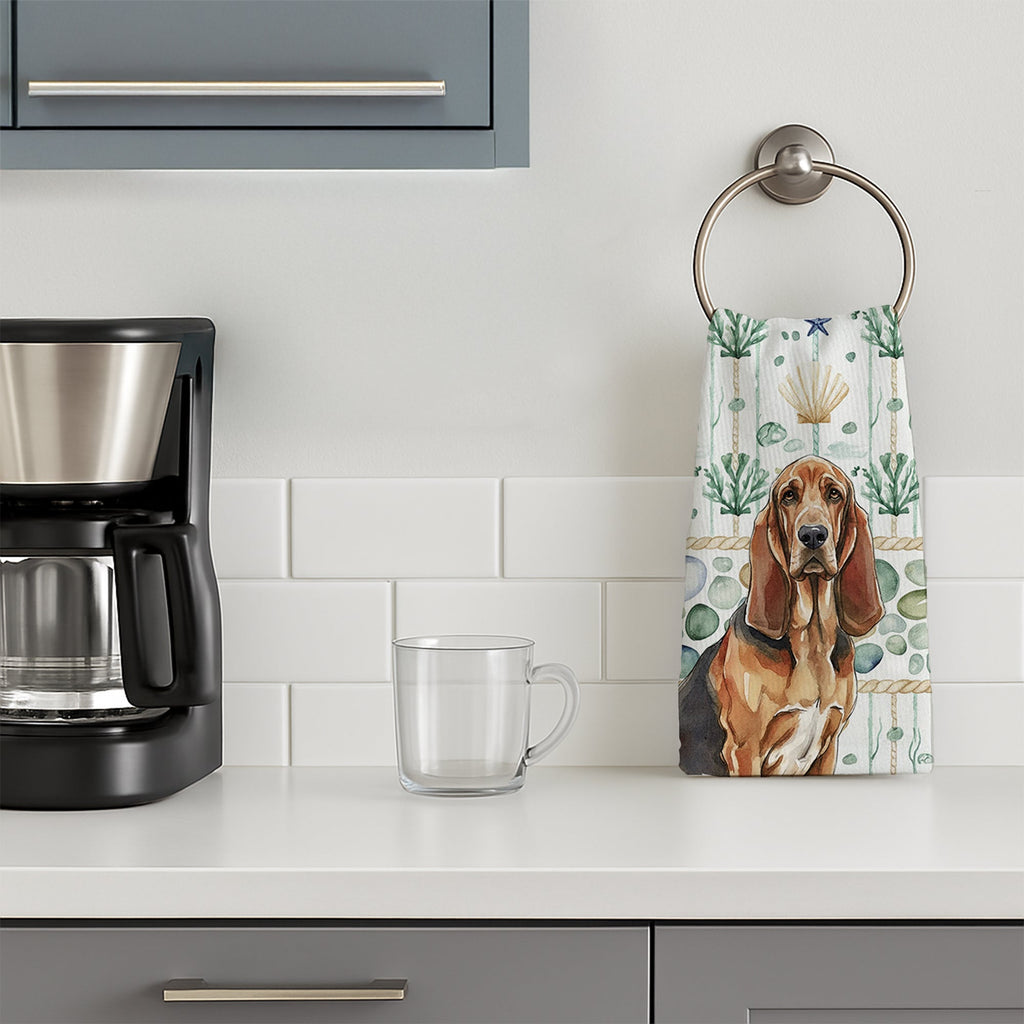 Liver and Tan Bloodhound Coastal Sea Glass Kitchen Towel Velour Plush Front and Cotton Loop Back Machine Washable