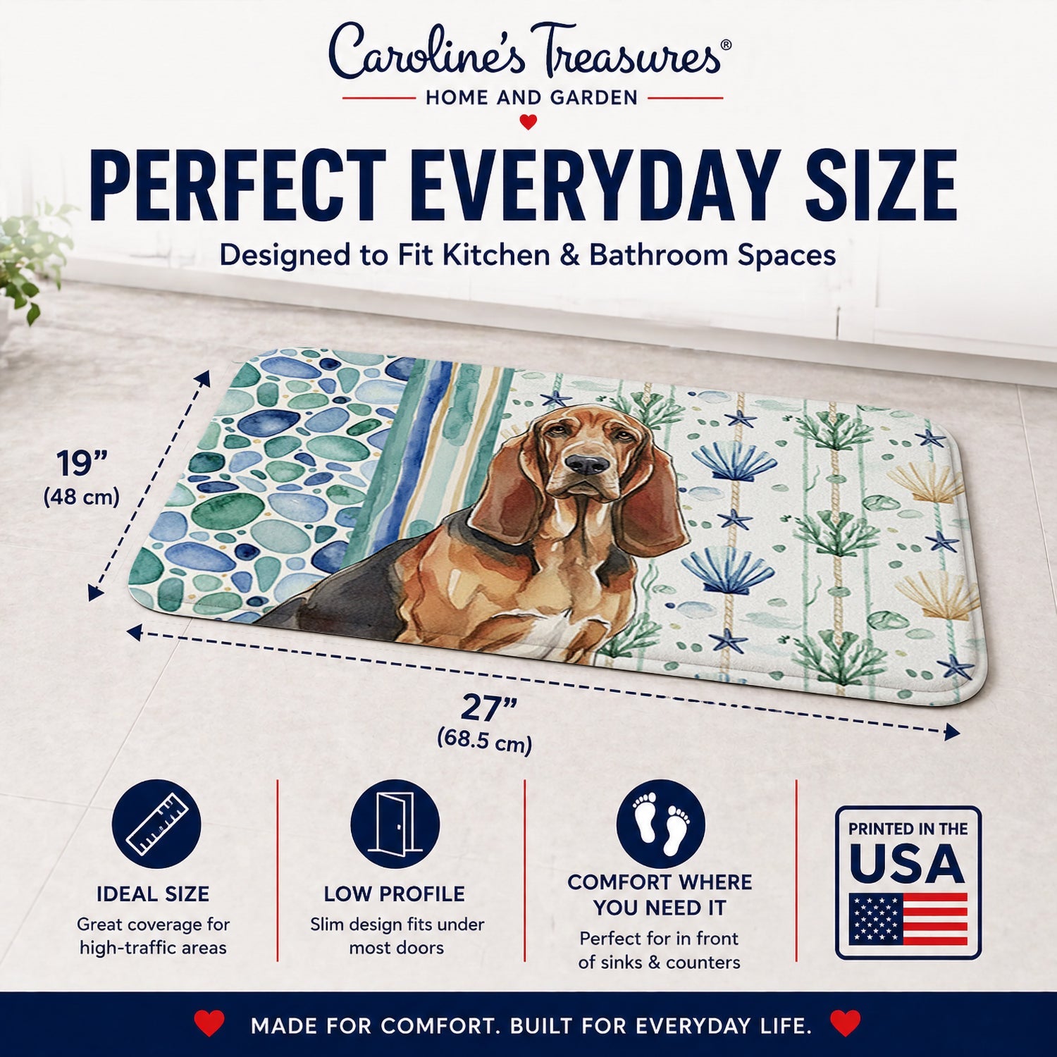 Liver and Tan Bloodhound Coastal Sea Glass Memory Foam Kitchen Mat Machine Washable Anti-Fatigue Cushion Comfort Bath or Kitchen Rug