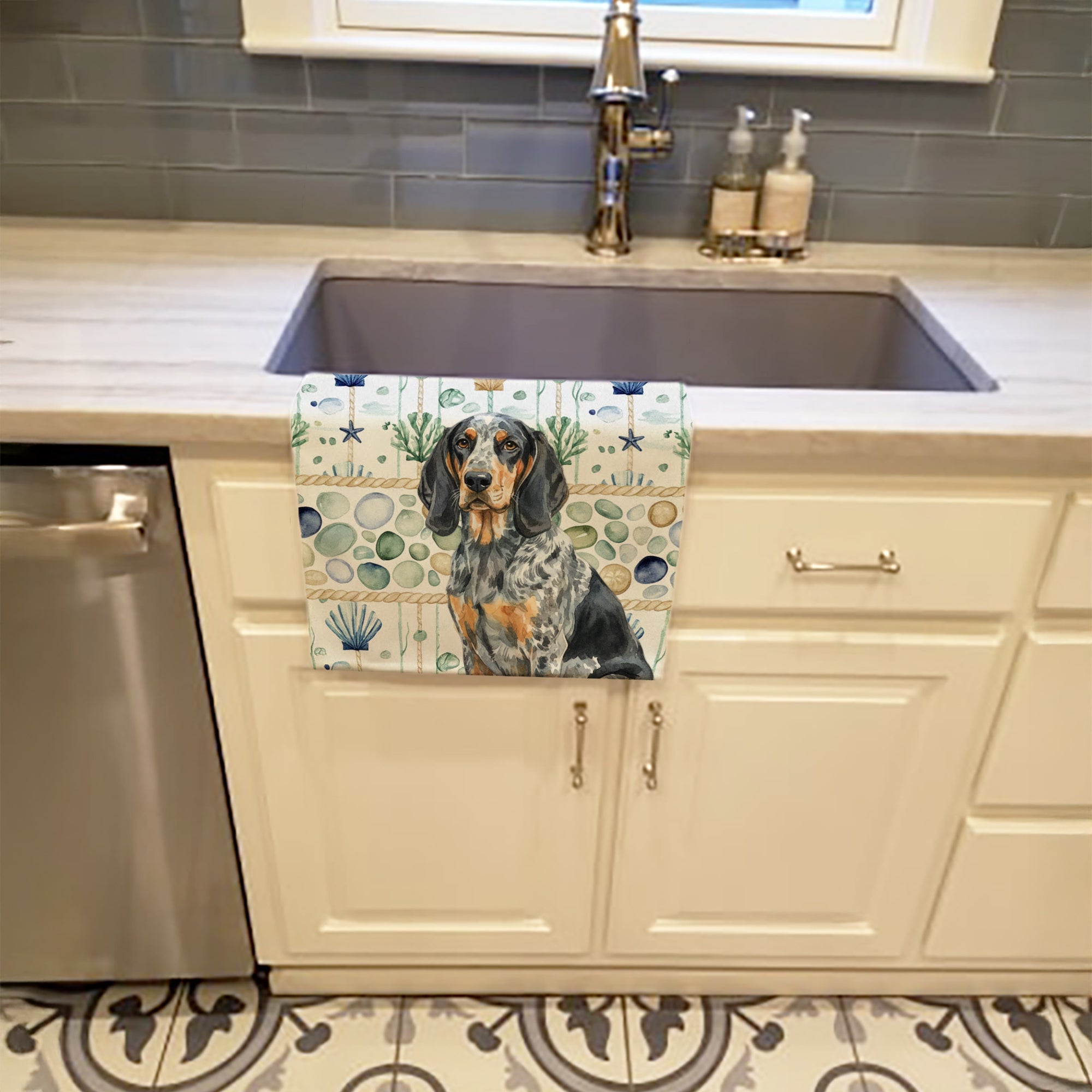 Bluetick Coonhound Coastal Sea Glass Kitchen Towel Velour Plush Front and Cotton Loop Back Machine Washable