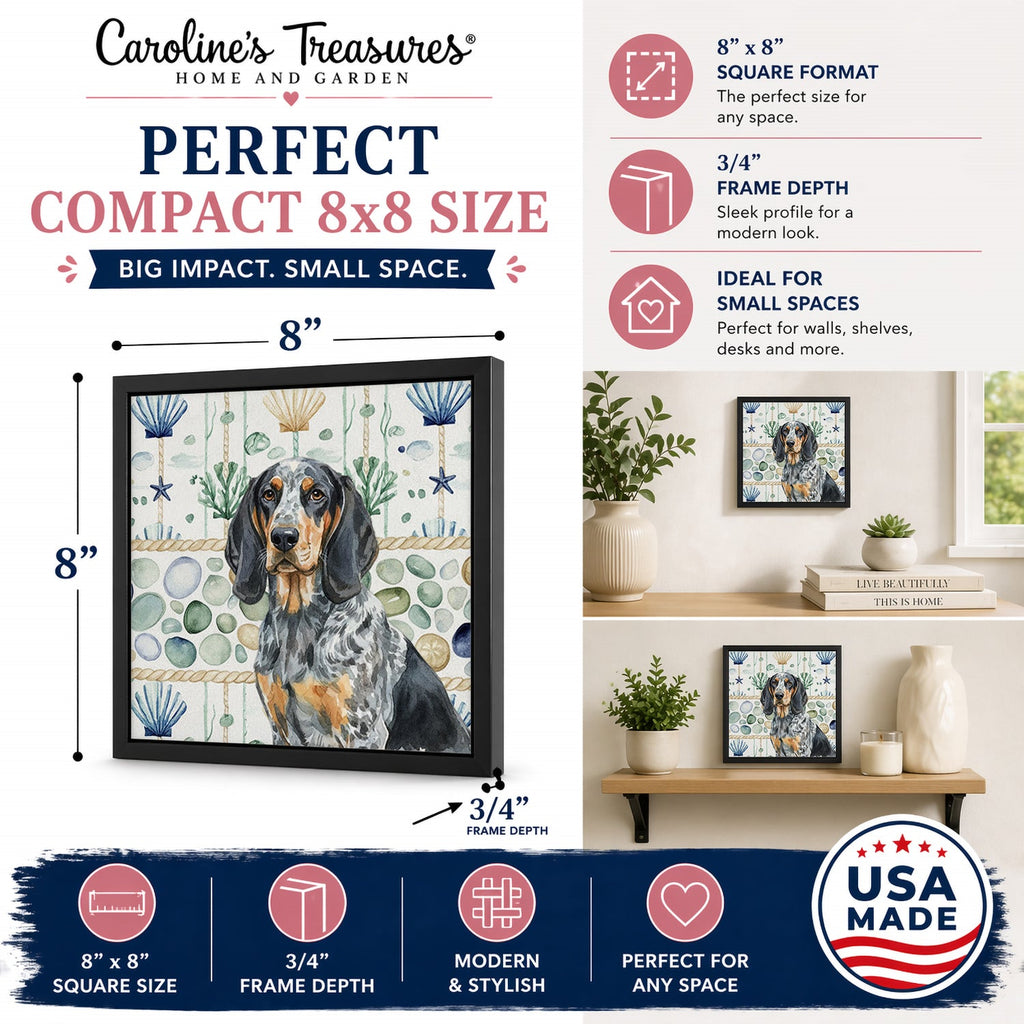 Bluetick Coonhound Coastal Sea Glass Framed Metal Print Bathroom, Kitchen, Office, Home Decor Wall Art Ready to Hang, Square, 8X8