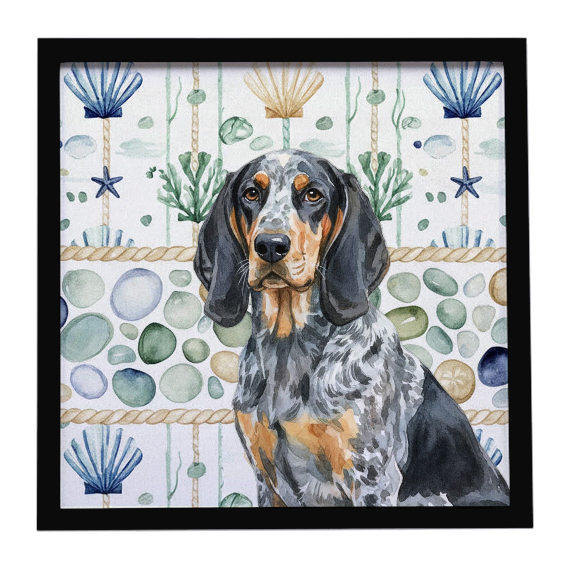 Bluetick Coonhound Coastal Sea Glass Framed Metal Print Bathroom, Kitchen, Office, Home Decor Wall Art Ready to Hang, Square, 8X8