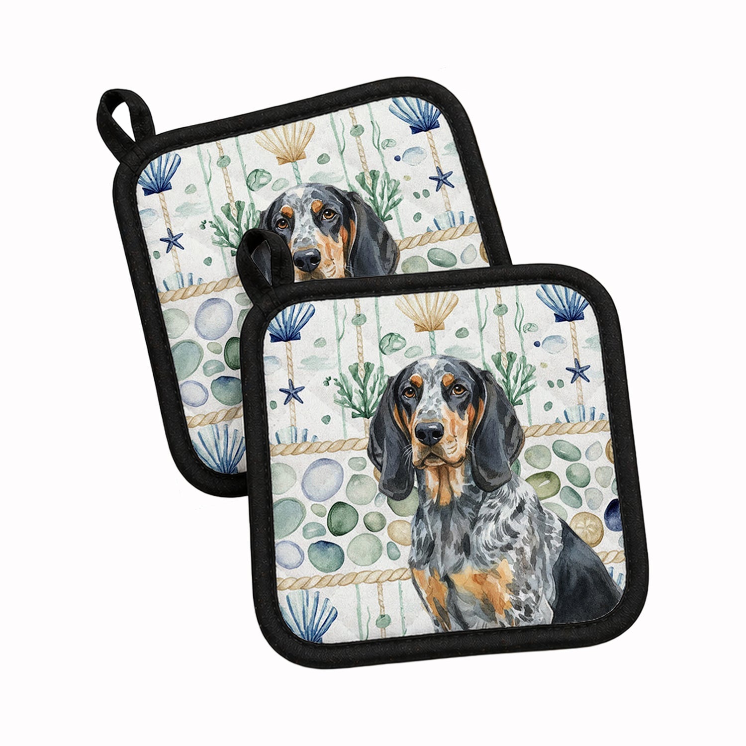Bluetick Coonhound Coastal Sea Glass Pot Holder Set of 2 Heat Resistant Quilted Hot Pads 7.5 x 7.5 Inch, Insulated Kitchen Trivets for Cooking & Baking