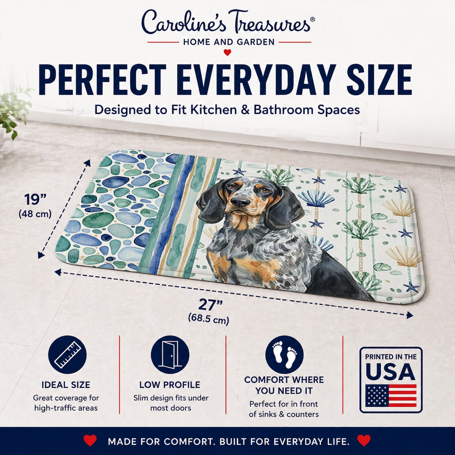Bluetick Coonhound Coastal Sea Glass Memory Foam Kitchen Mat Machine Washable Anti-Fatigue Cushion Comfort Bath or Kitchen Rug