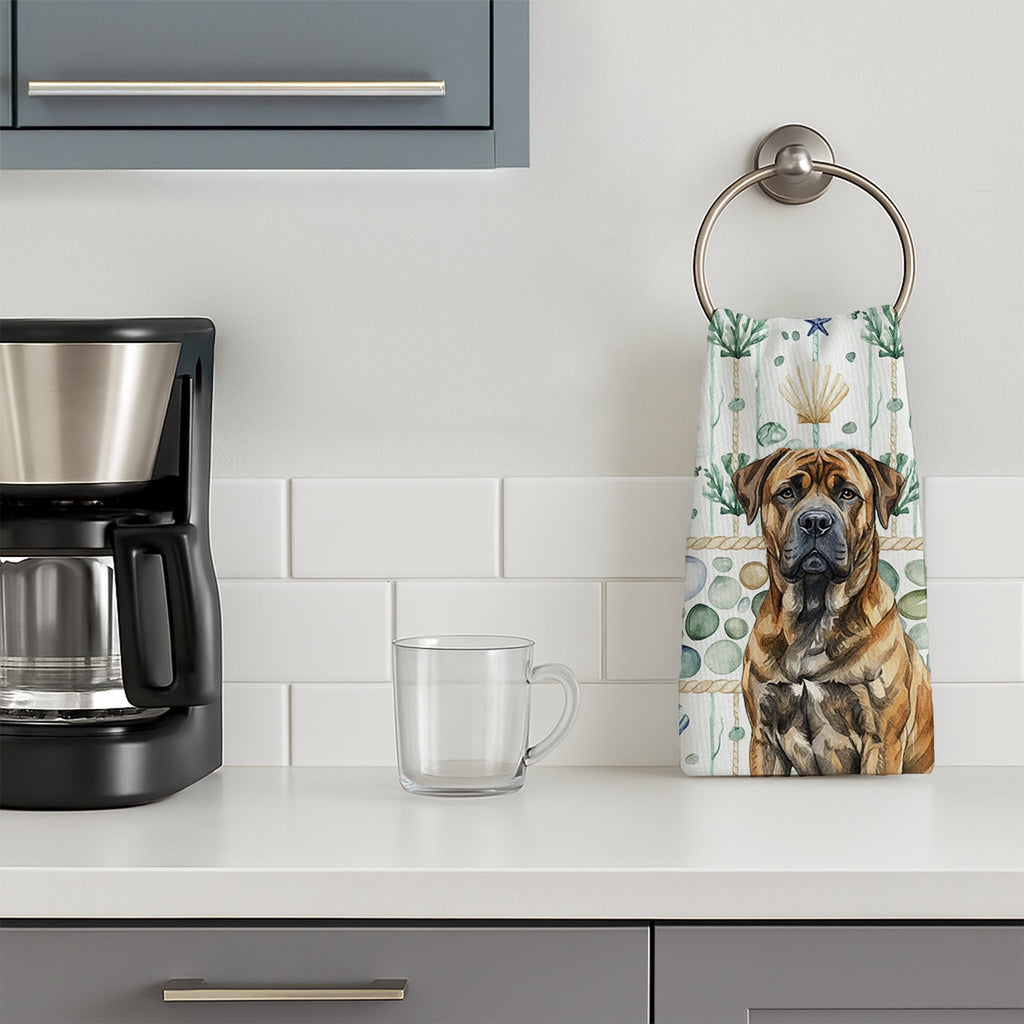 Brindle Boerboel Coastal Sea Glass Kitchen Towel Velour Plush Front and Cotton Loop Back Machine Washable