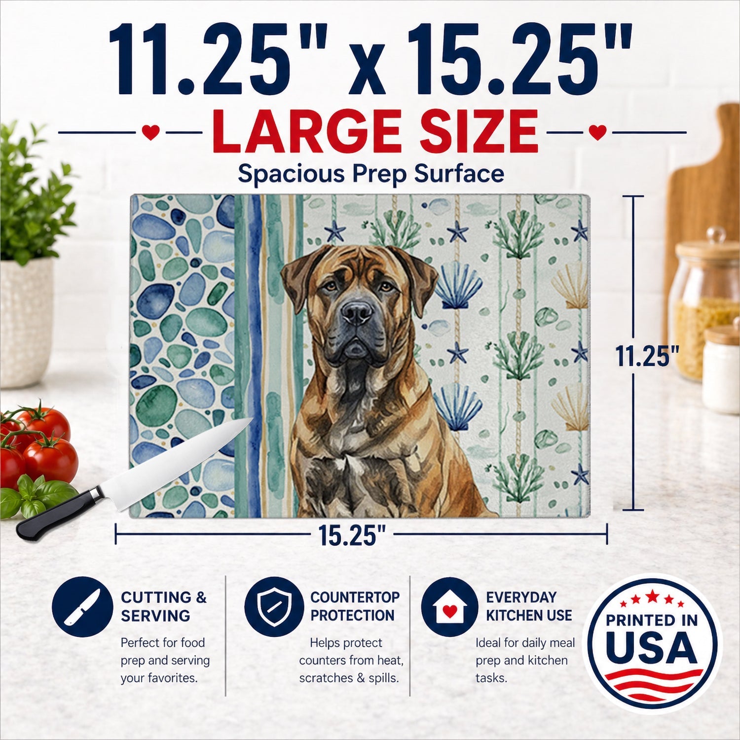 Brindle Boerboel Coastal Sea Glass Cutting Board Tempered Glass Kitchen Cutting Surface, Heat Resistant Chopping, Non-Slip Feet, Food Prep & Serving