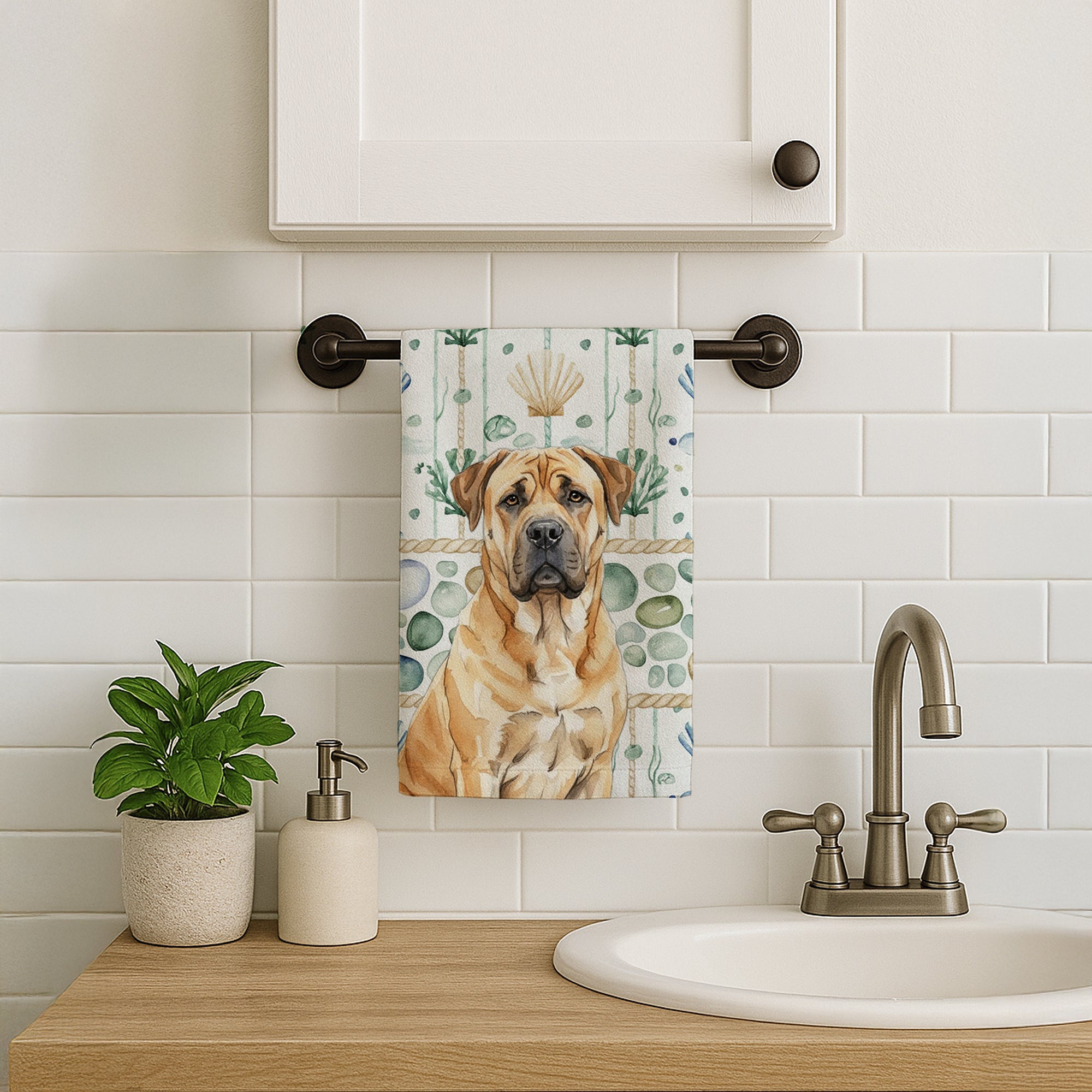 Fawn Boerboel Coastal Sea Glass Kitchen Towel Velour Plush Front and Cotton Loop Back Machine Washable