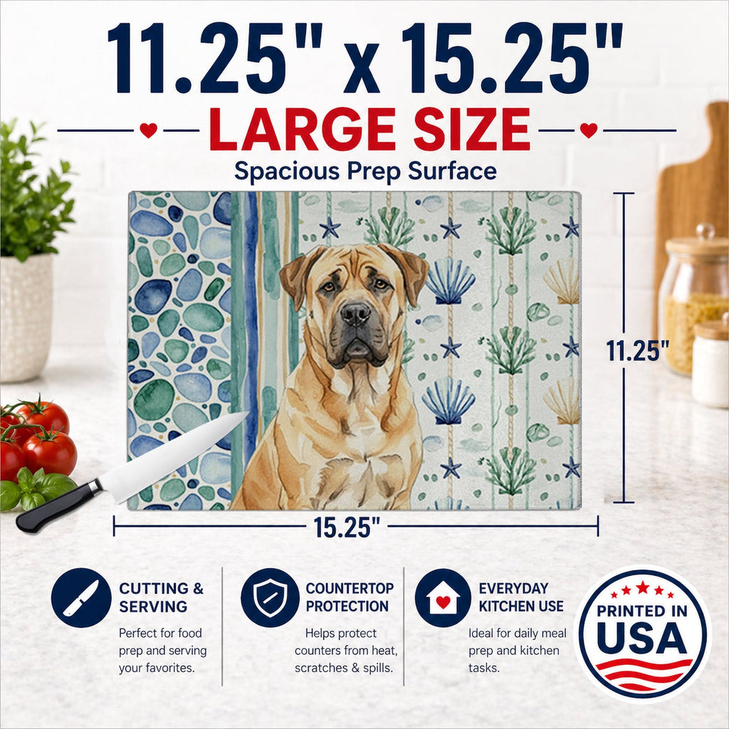 Fawn Boerboel Coastal Sea Glass Cutting Board Tempered Glass Kitchen Cutting Surface, Heat Resistant Chopping, Non-Slip Feet, Food Prep & Serving