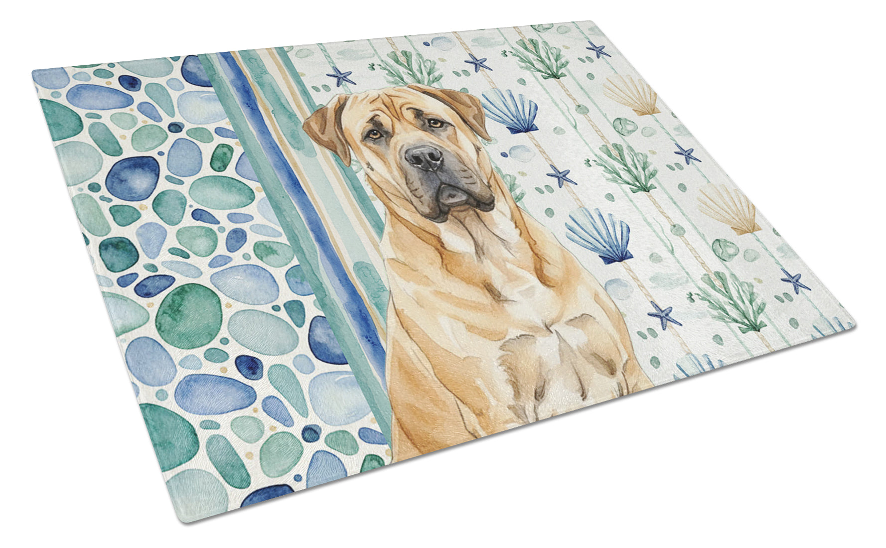 Fawn Boerboel Coastal Sea Glass Cutting Board Tempered Glass Kitchen Cutting Surface, Heat Resistant Chopping, Non-Slip Feet, Food Prep & Serving
