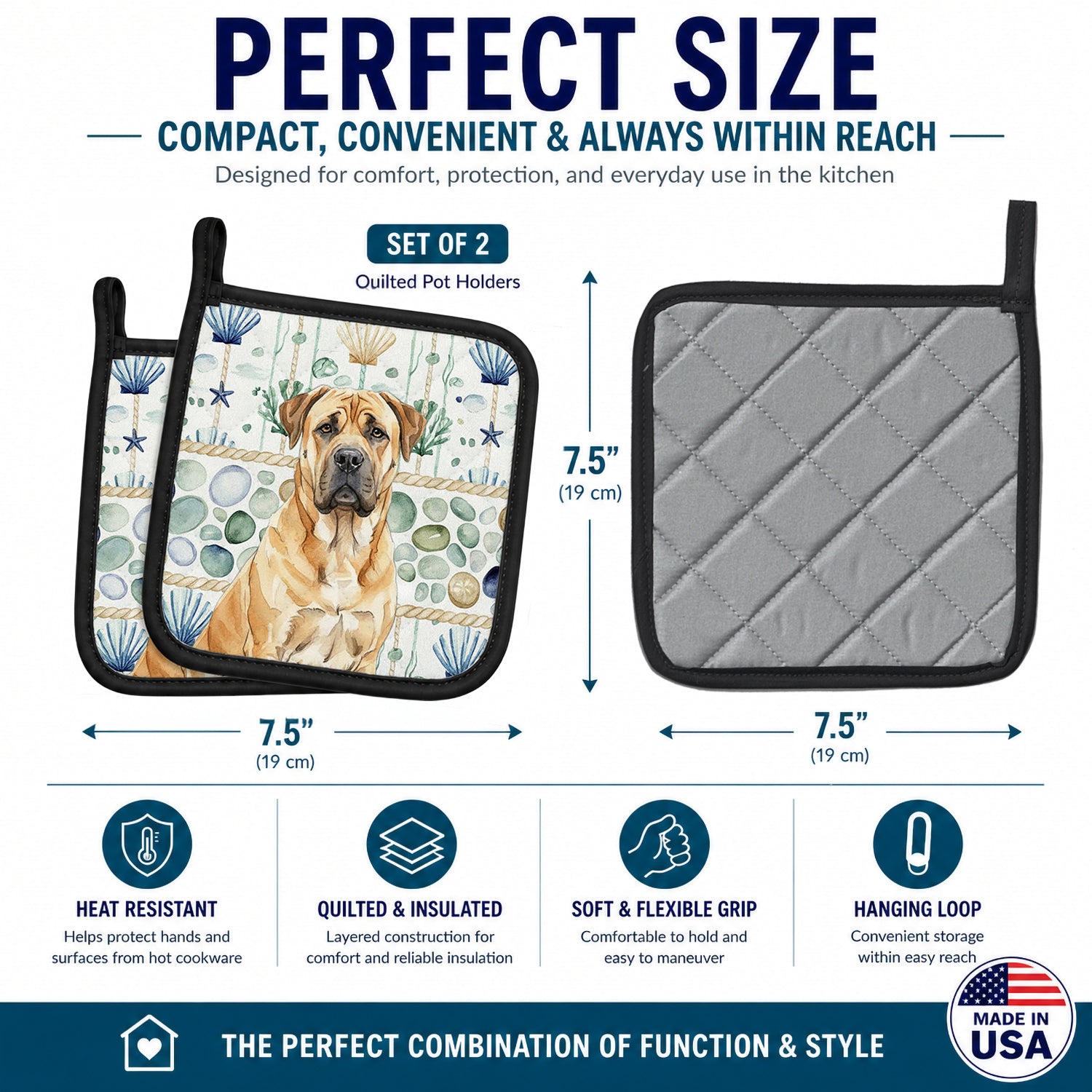 Fawn Boerboel Coastal Sea Glass Pot Holder Set of 2 Heat Resistant Quilted Hot Pads 7.5 x 7.5 Inch, Insulated Kitchen Trivets for Cooking & Baking