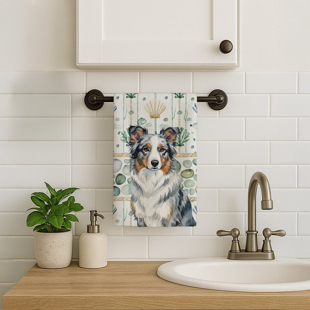 Blue Merle Border Collie Coastal Sea Glass Kitchen Towel Velour Plush Front and Cotton Loop Back Machine Washable