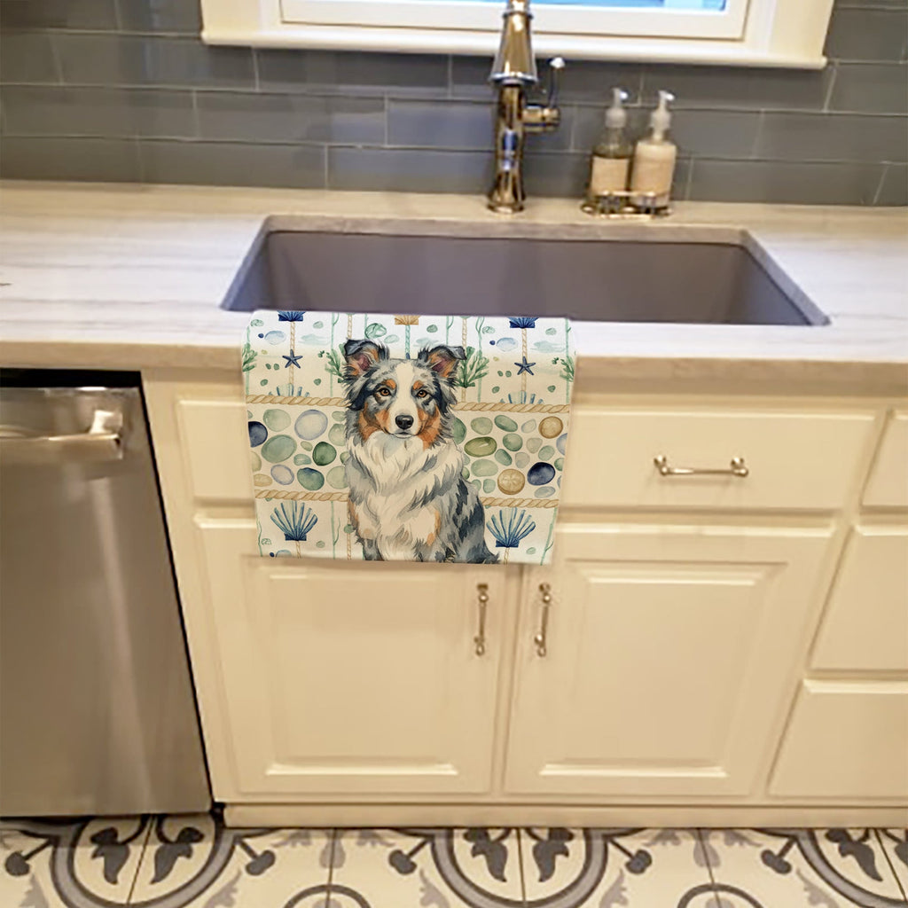 Blue Merle Border Collie Coastal Sea Glass Kitchen Towel Velour Plush Front and Cotton Loop Back Machine Washable