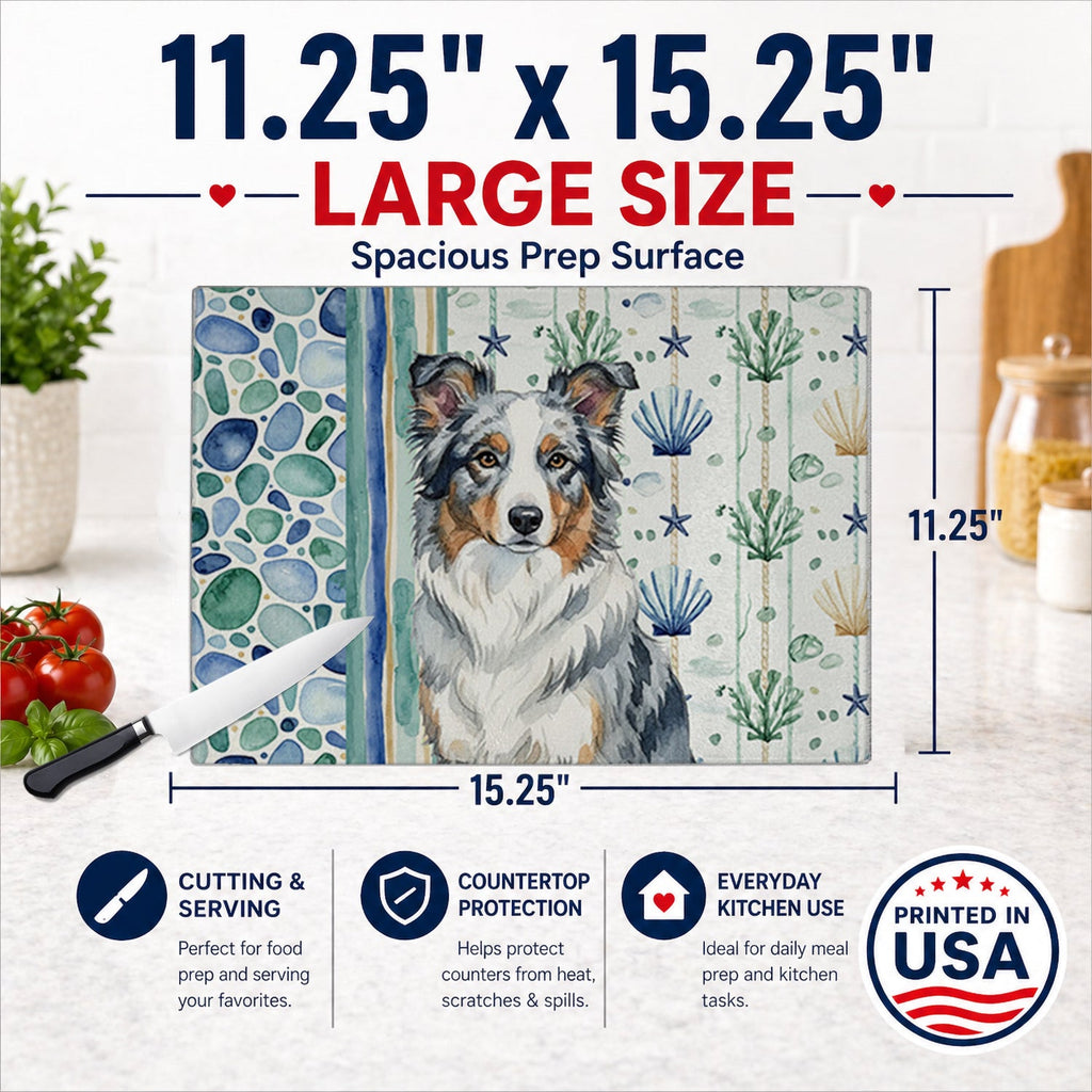 Blue Merle Border Collie Coastal Sea Glass Cutting Board Tempered Glass Kitchen Cutting Surface, Heat Resistant Chopping, Non-Slip Feet, Food Prep & Serving