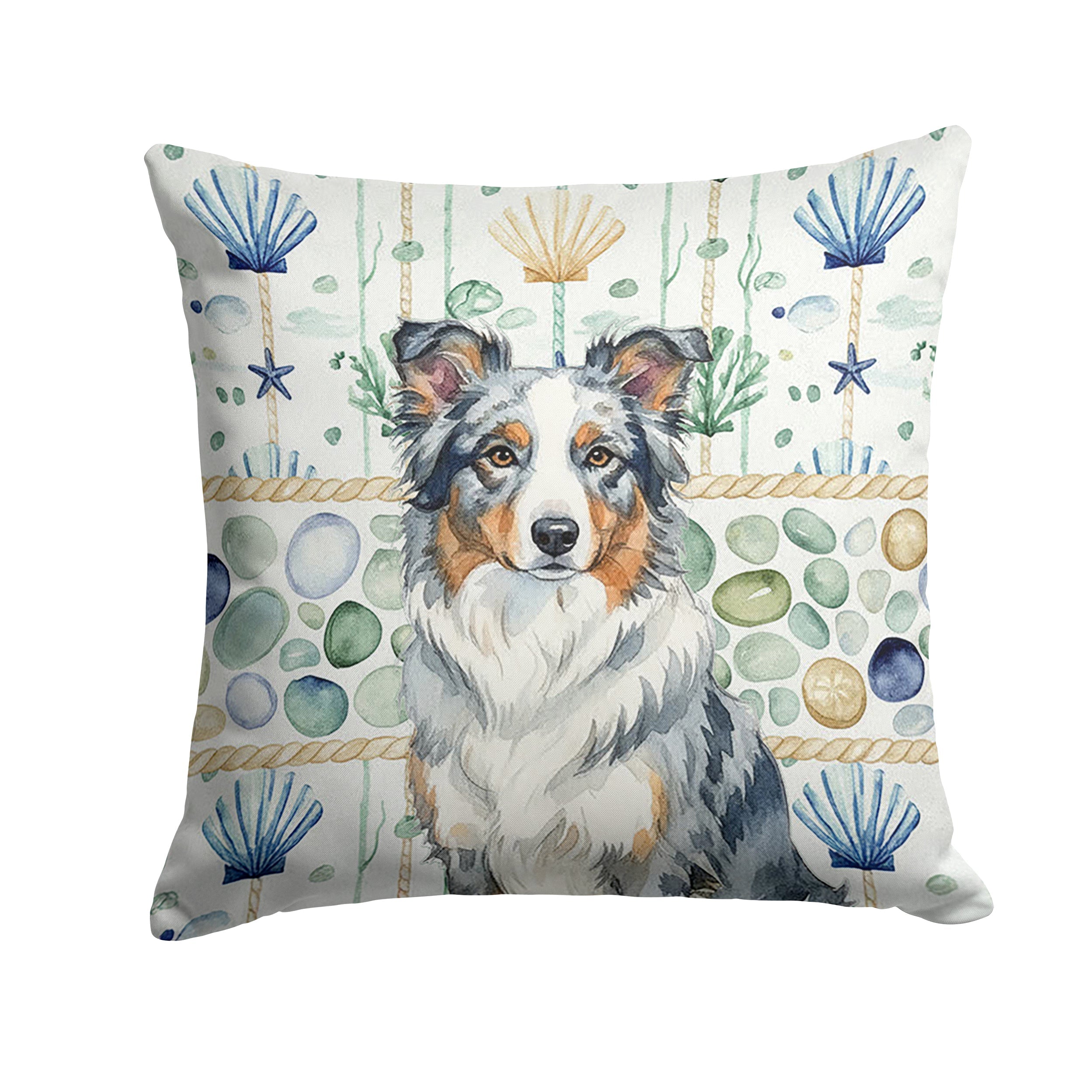 Blue Merle Border Collie Coastal Sea Glass Decorative Throw Pillow 14x14 Indoor Outdoor Accent Cushion, Fabric Cover with Insert for Sofa, Bed, Porch & Living Room