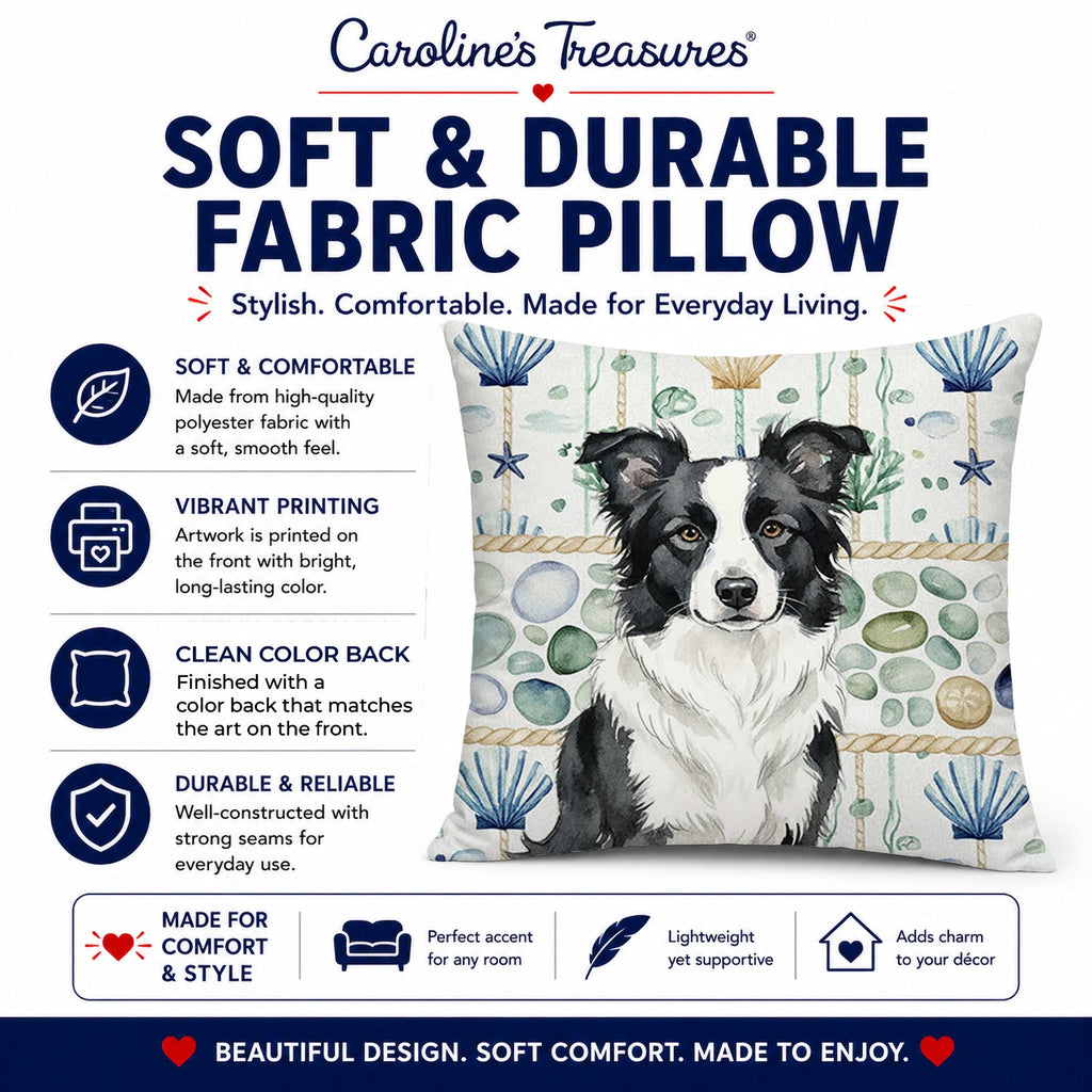 Border Collie Coastal Sea Glass Decorative Throw Pillow 18x18 Indoor Outdoor Accent Cushion, Fabric Cover with Insert for Sofa, Bed, Porch & Living Room