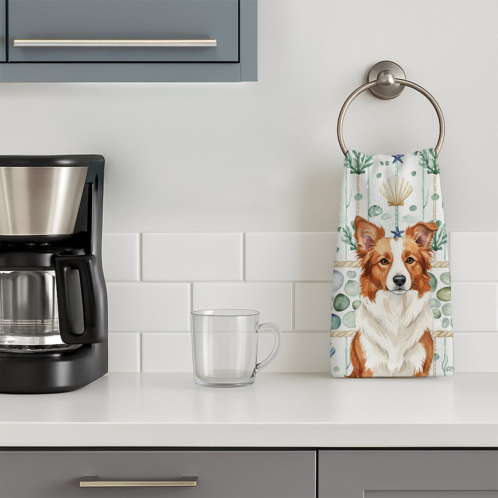 Red and White Border Collie Coastal Sea Glass Kitchen Towel Velour Plush Front and Cotton Loop Back Machine Washable