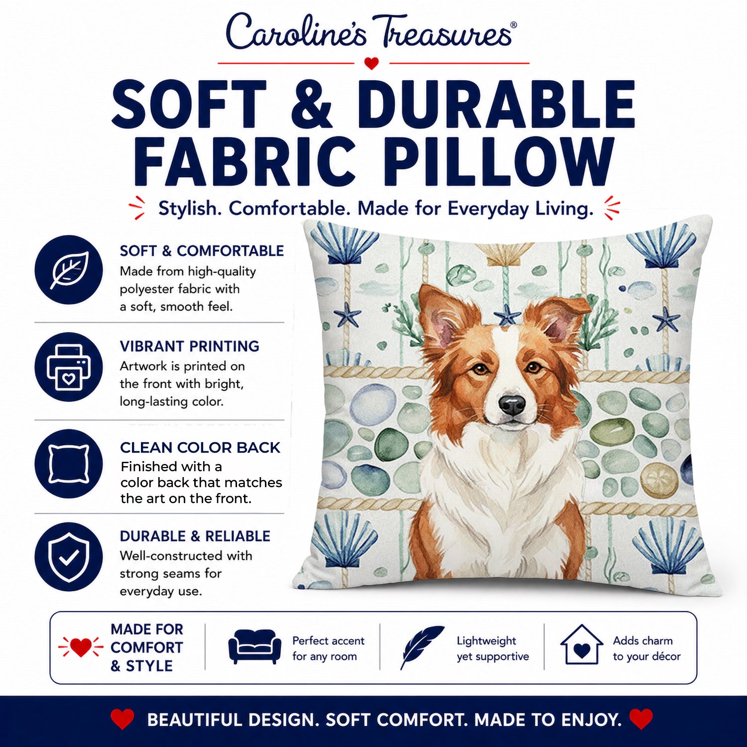 Red and White Border Collie Coastal Sea Glass Decorative Throw Pillow 14x14 Indoor Outdoor Accent Cushion, Fabric Cover with Insert for Sofa, Bed, Porch & Living Room