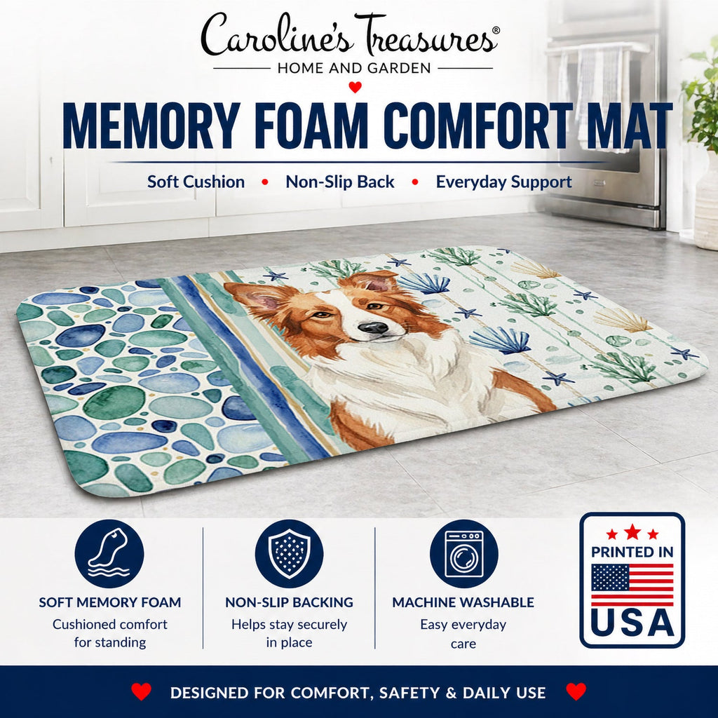 Red and White Border Collie Coastal Sea Glass Memory Foam Kitchen Mat Machine Washable Anti-Fatigue Cushion Comfort Bath or Kitchen Rug
