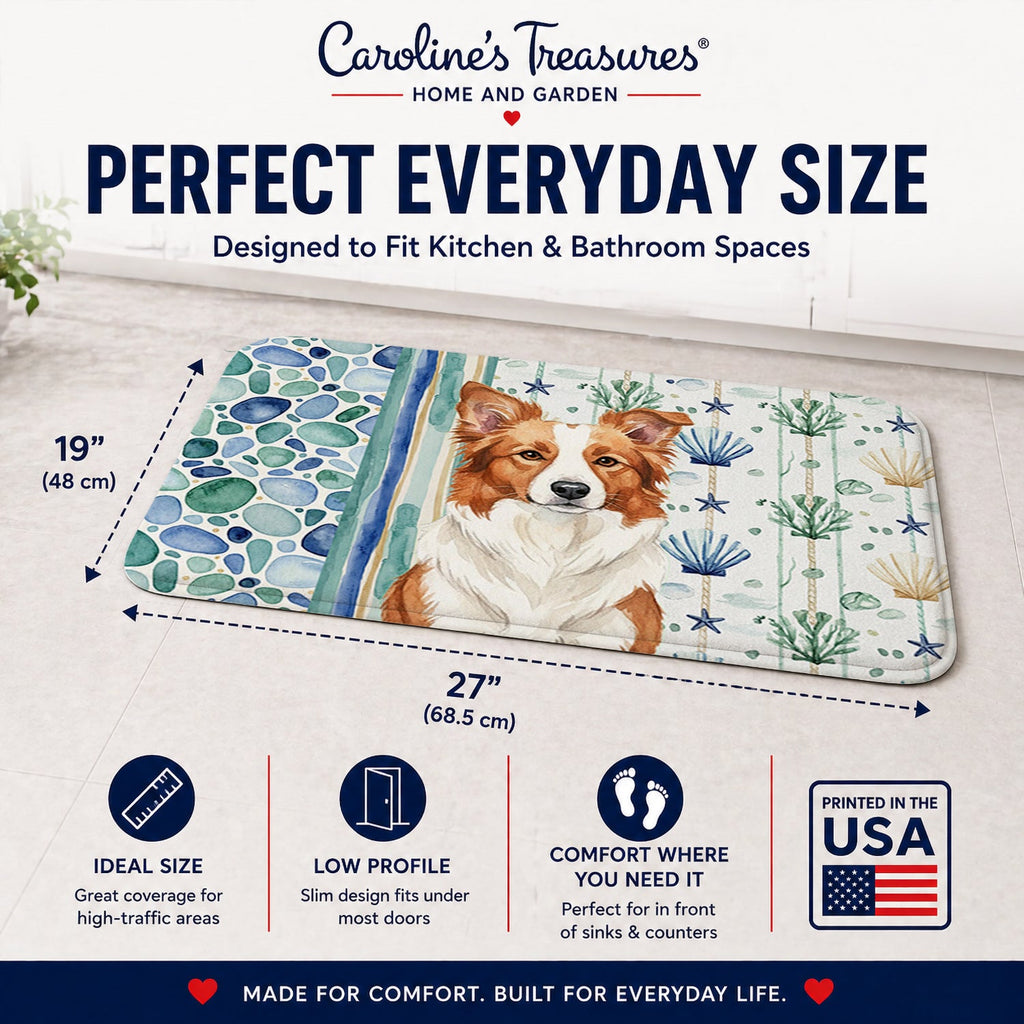 Red and White Border Collie Coastal Sea Glass Memory Foam Kitchen Mat Machine Washable Anti-Fatigue Cushion Comfort Bath or Kitchen Rug