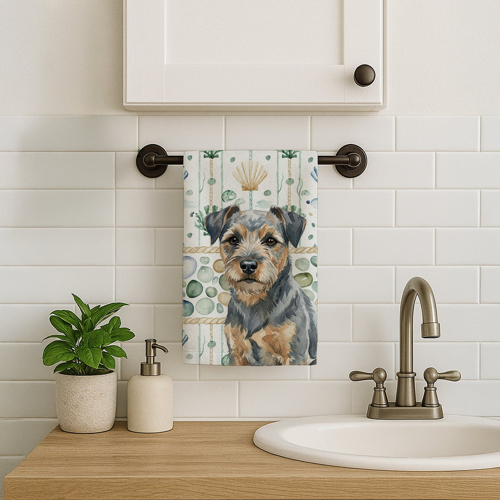 Blue and Tan Border Terrier Coastal Sea Glass Kitchen Towel Velour Plush Front and Cotton Loop Back Machine Washable
