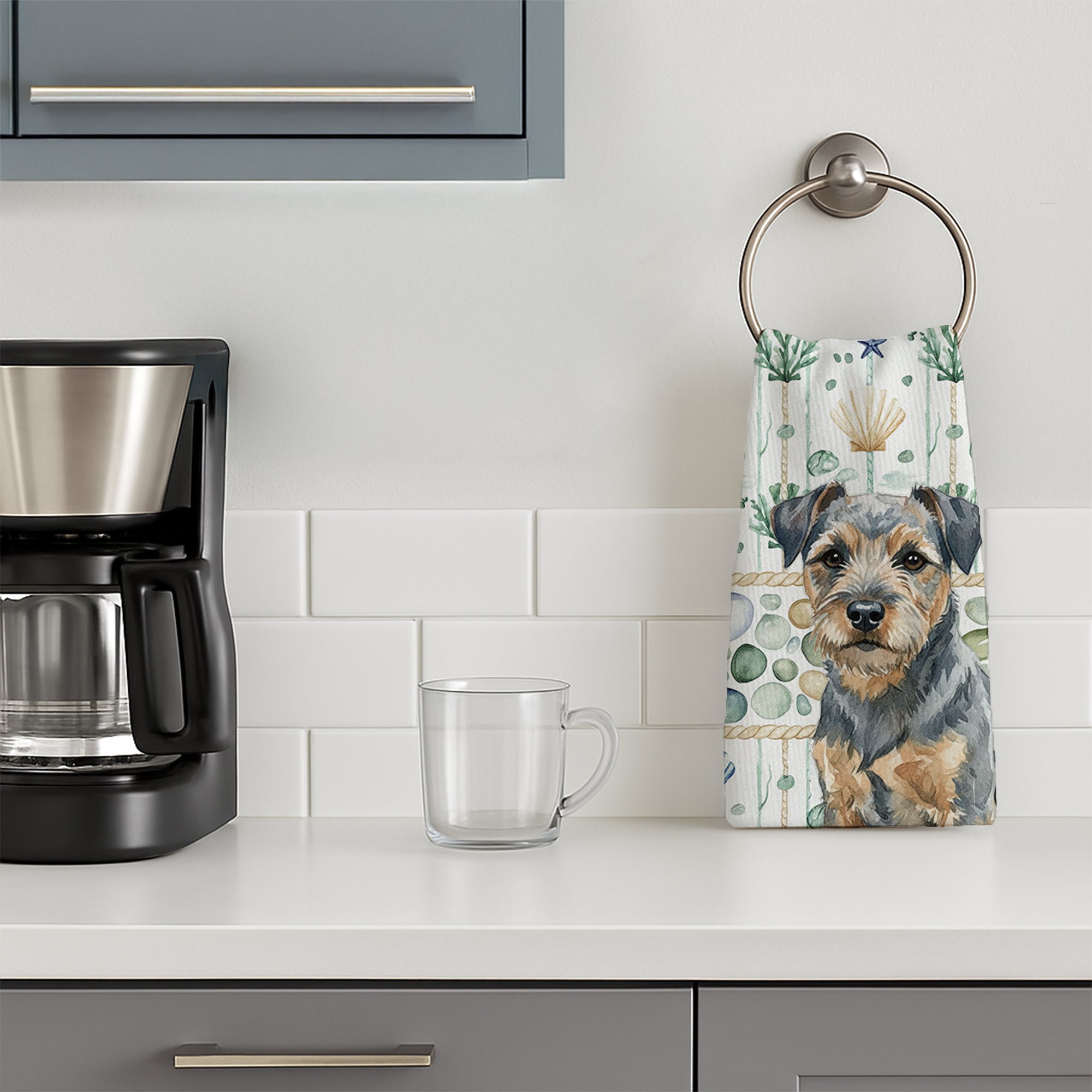 Blue and Tan Border Terrier Coastal Sea Glass Kitchen Towel Velour Plush Front and Cotton Loop Back Machine Washable