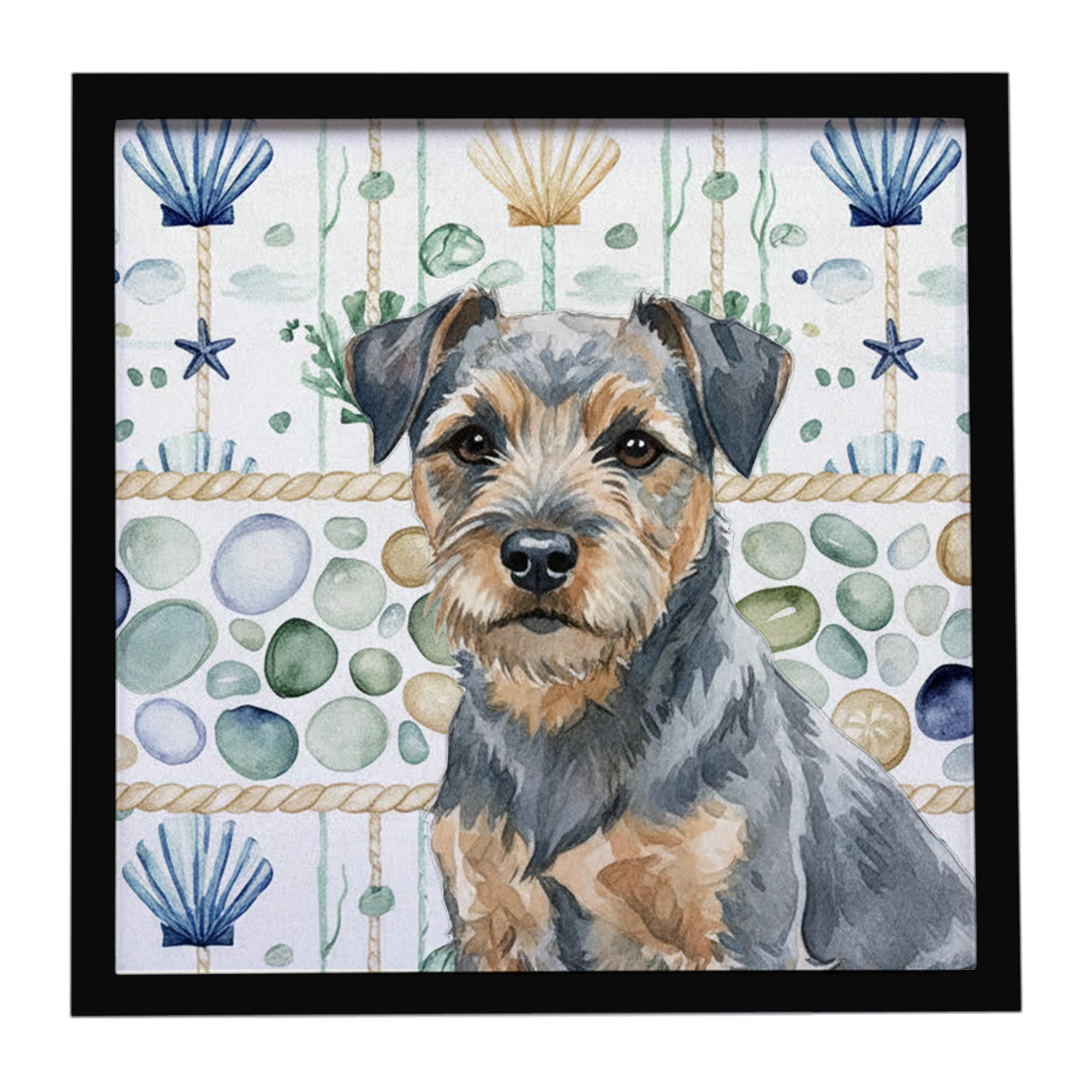 Blue and Tan Border Terrier Coastal Sea Glass Framed Metal Print Bathroom, Kitchen, Office, Home Decor Wall Art Ready to Hang, Square, 8X8