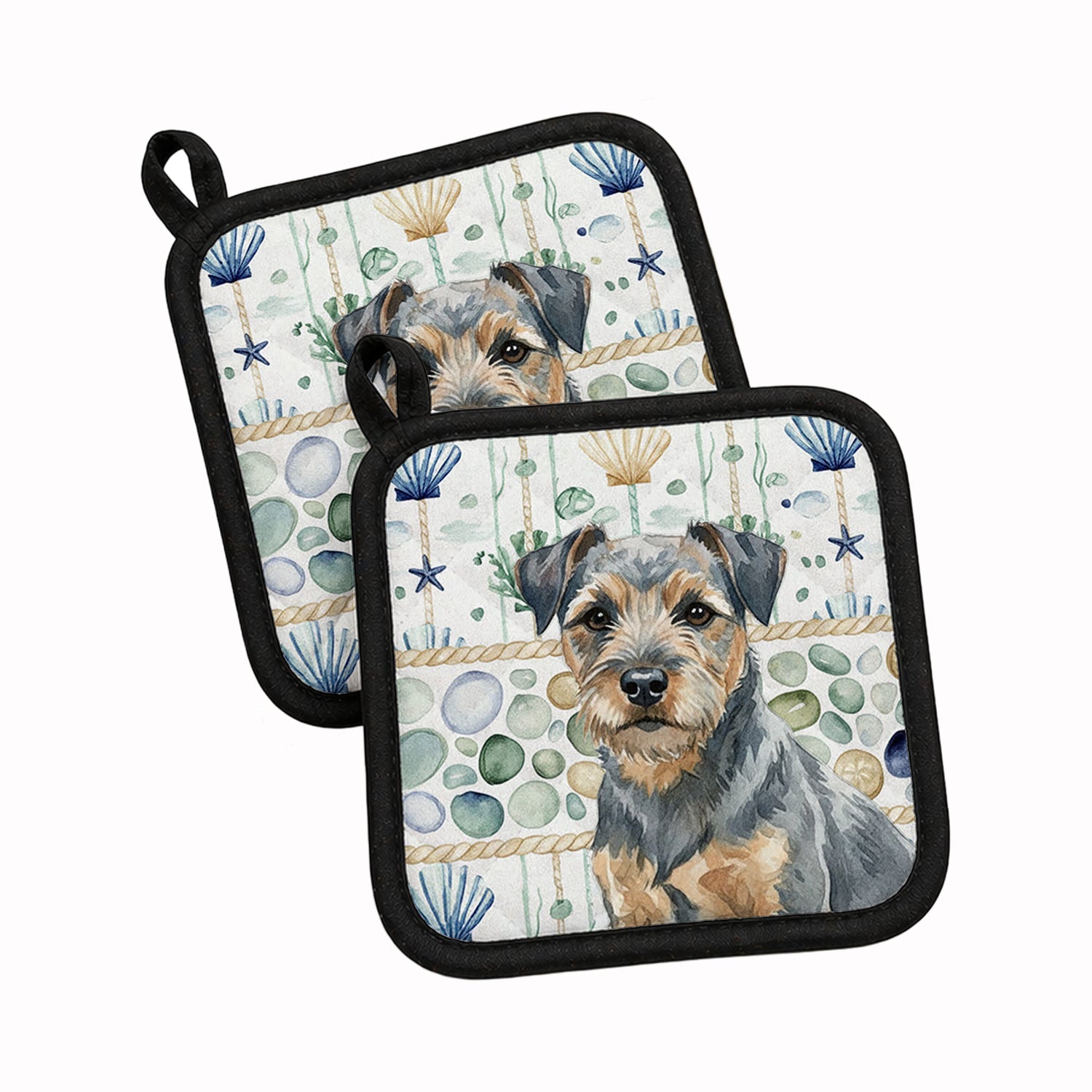 Blue and Tan Border Terrier Coastal Sea Glass Pot Holder Set of 2 Heat Resistant Quilted Hot Pads 7.5 x 7.5 Inch, Insulated Kitchen Trivets for Cooking & Baking