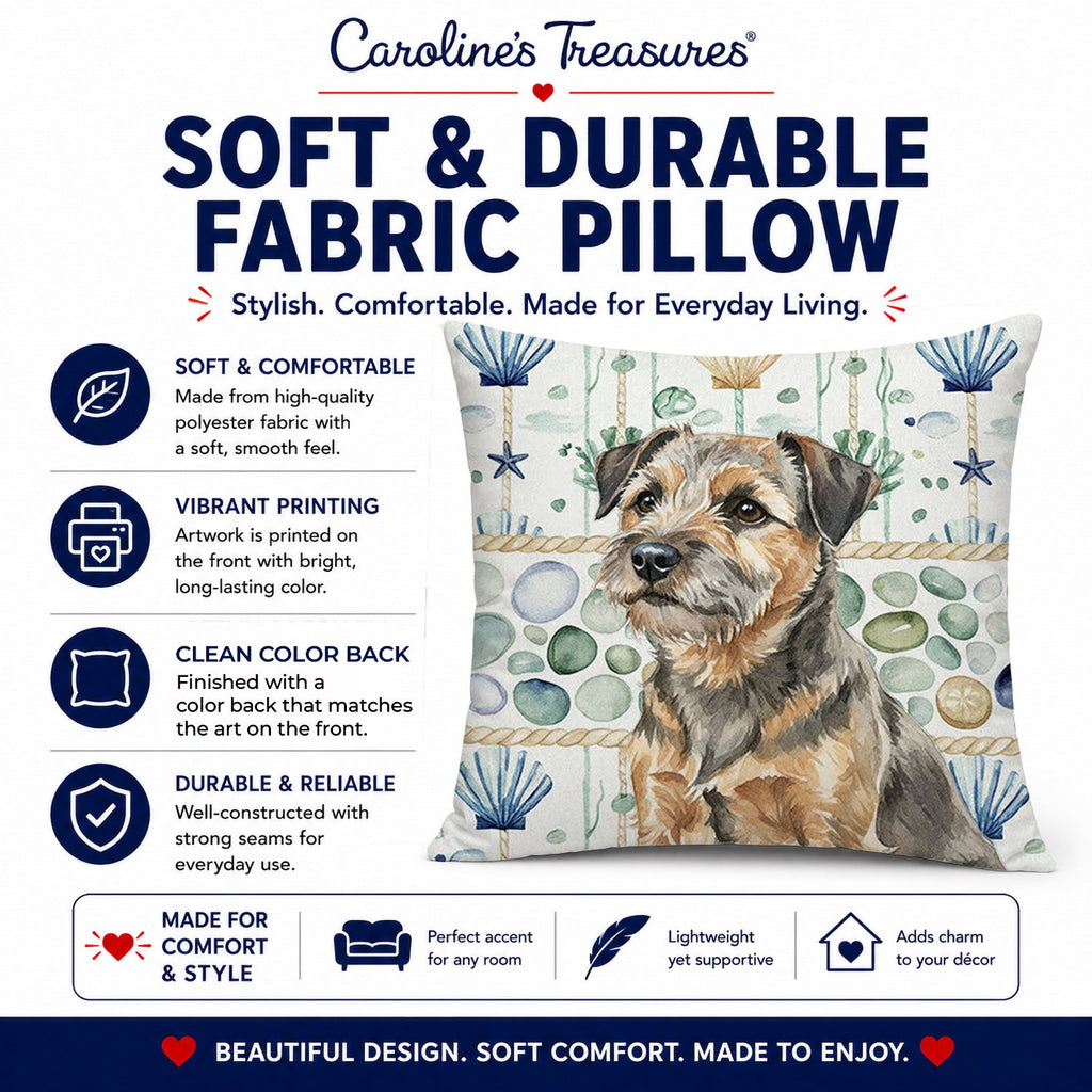 Grizzle and Tan Border Terrier Coastal Sea Glass Decorative Throw Pillow 14x14 Indoor Outdoor Accent Cushion, Fabric Cover with Insert for Sofa, Bed, Porch & Living Room