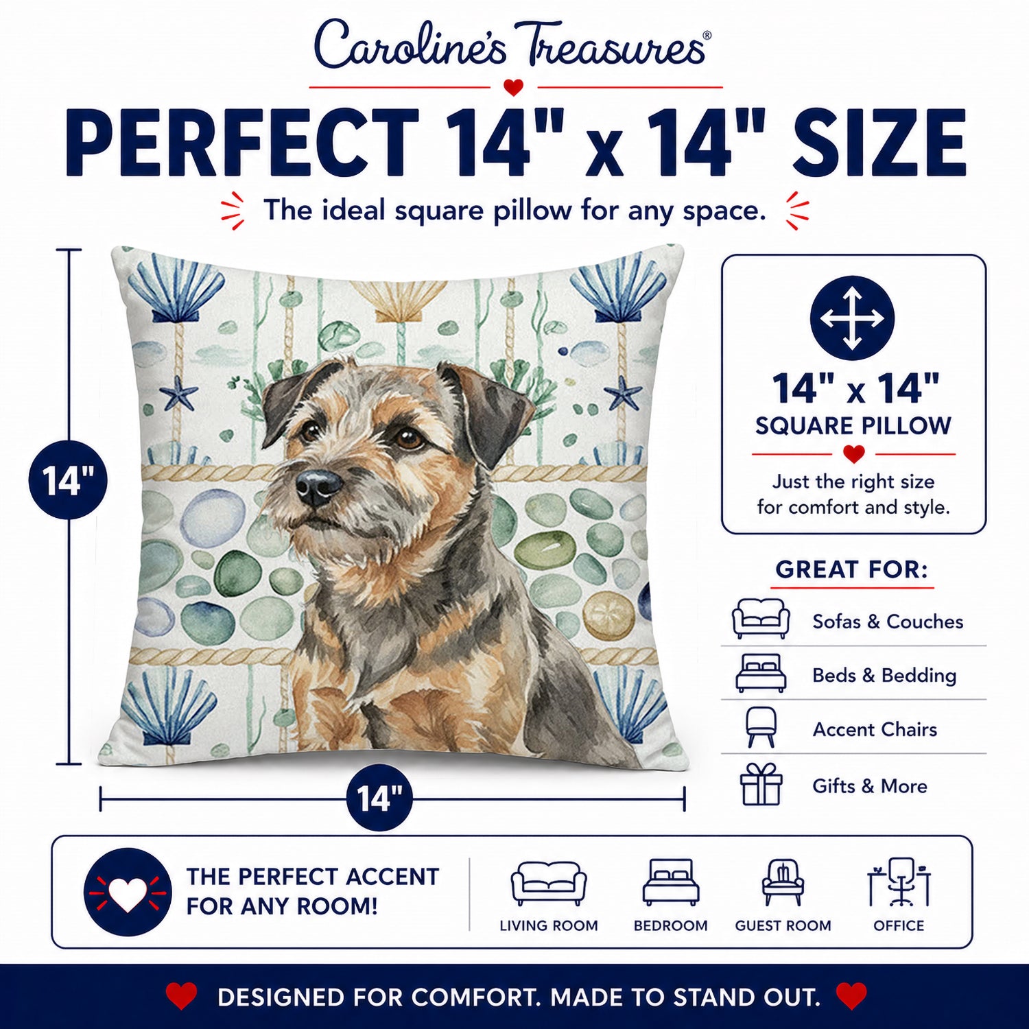 Grizzle and Tan Border Terrier Coastal Sea Glass Decorative Throw Pillow 14x14 Indoor Outdoor Accent Cushion, Fabric Cover with Insert for Sofa, Bed, Porch & Living Room
