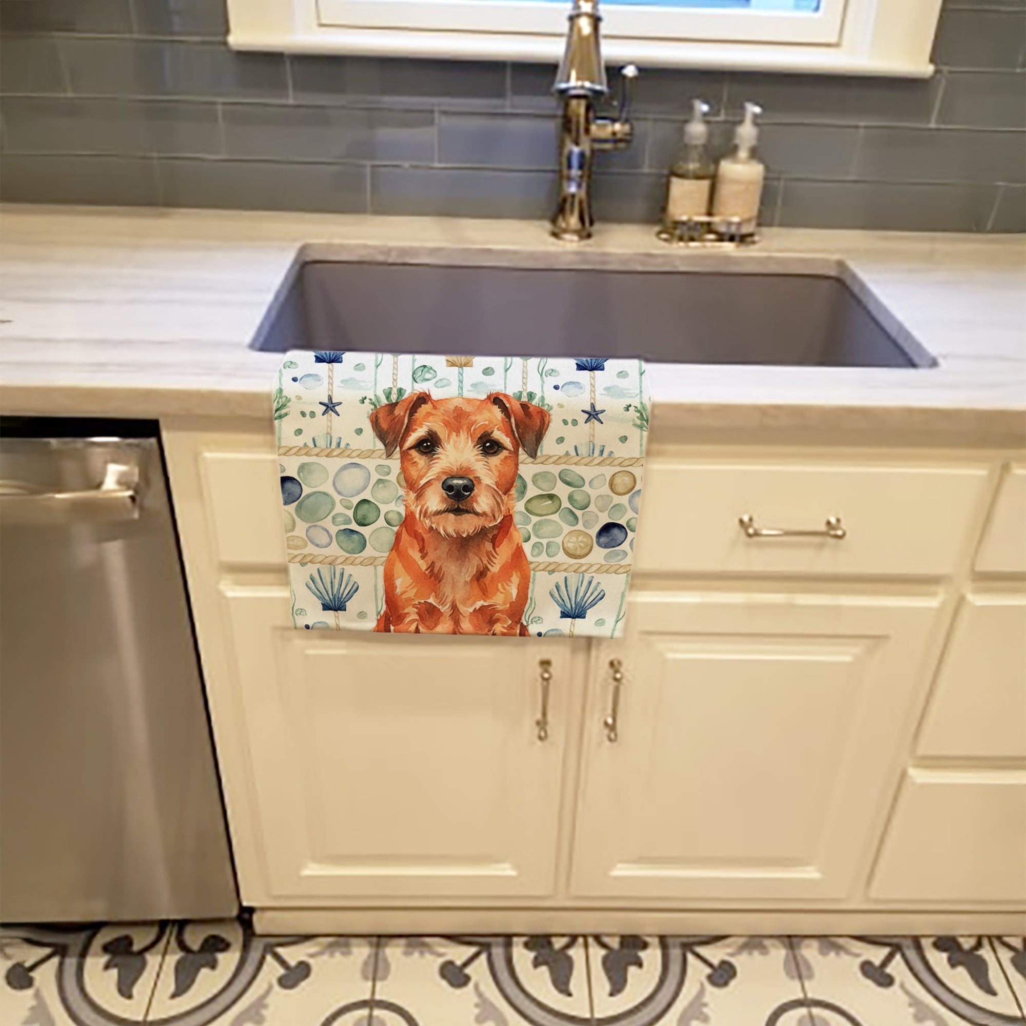 Red Border Terrier Coastal Sea Glass Kitchen Towel Velour Plush Front and Cotton Loop Back Machine Washable