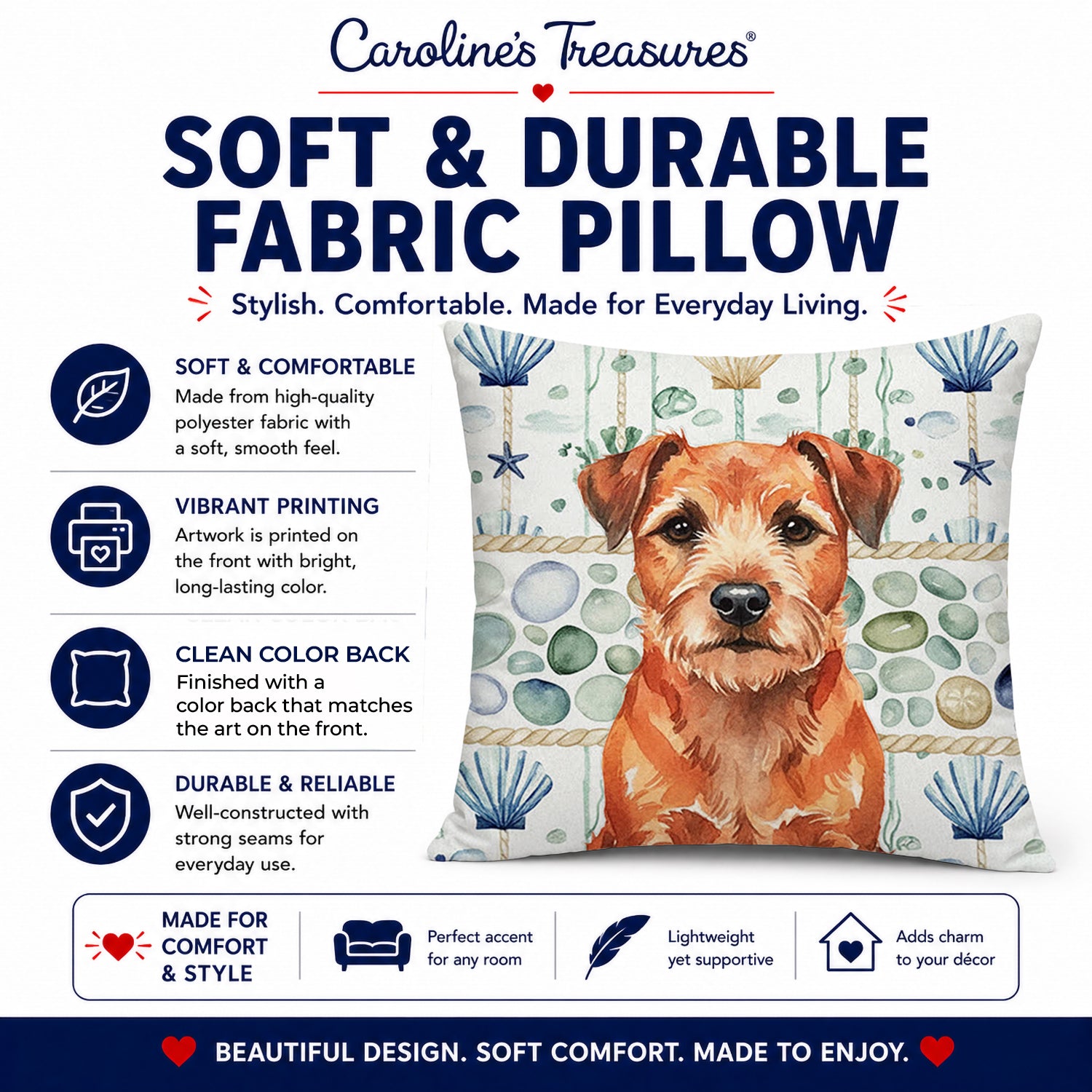 Red Border Terrier Coastal Sea Glass Decorative Throw Pillow 14x14 Indoor Outdoor Accent Cushion, Fabric Cover with Insert for Sofa, Bed, Porch & Living Room