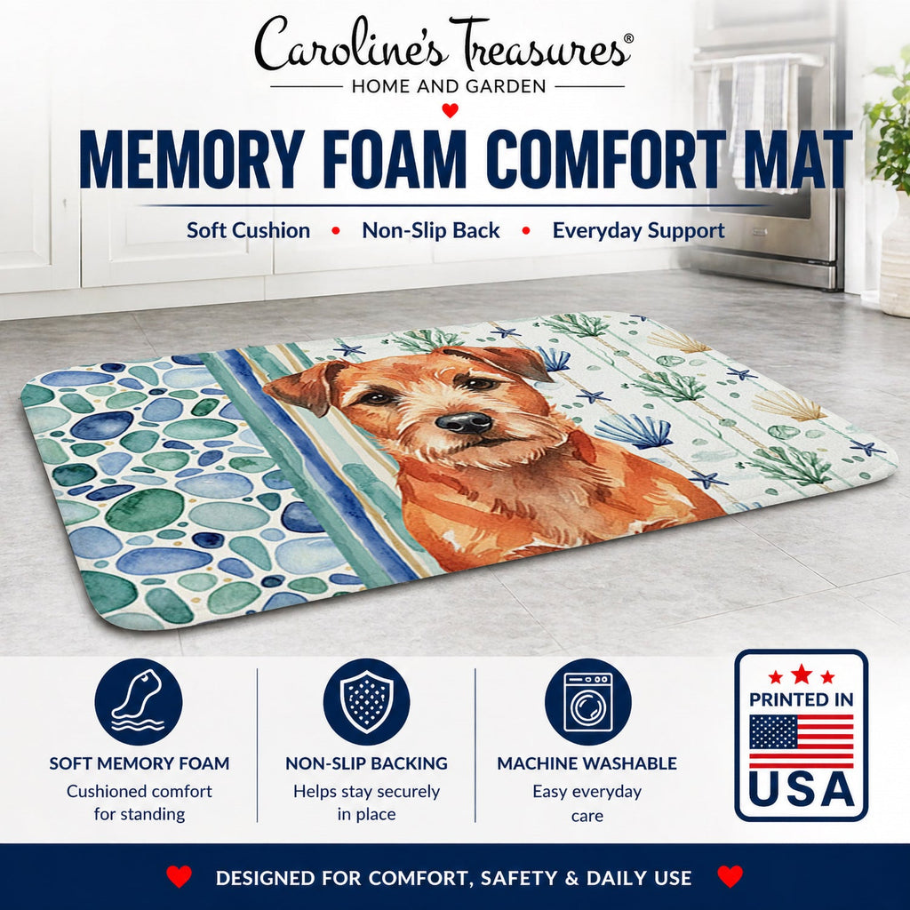 Red Border Terrier Coastal Sea Glass Memory Foam Kitchen Mat Machine Washable Anti-Fatigue Cushion Comfort Bath or Kitchen Rug