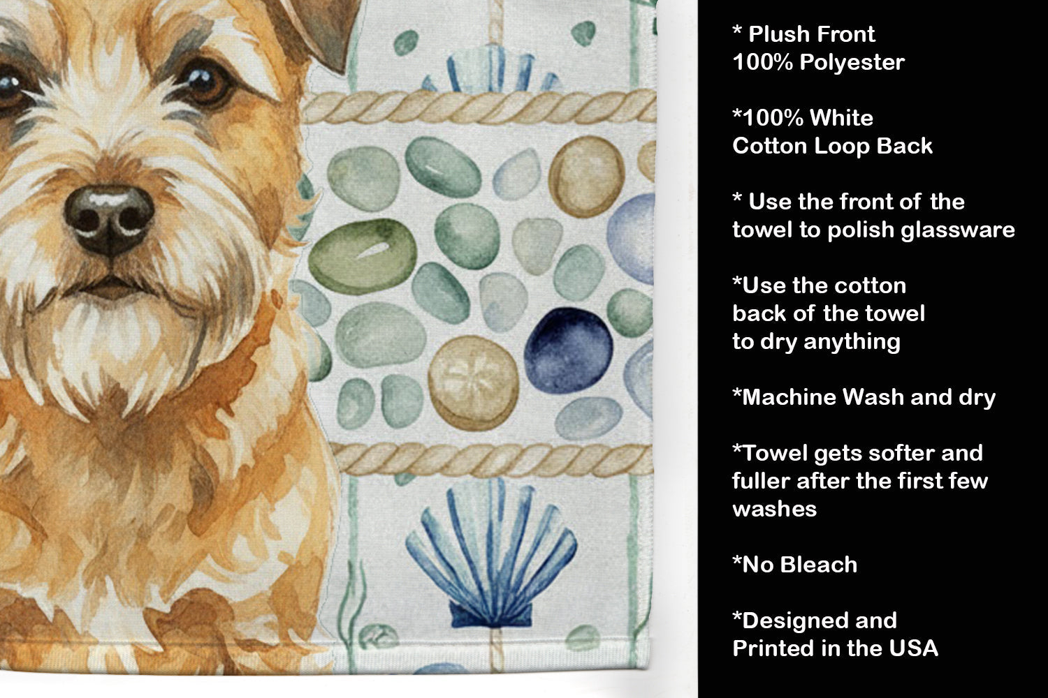 Wheaten Border Terrier Coastal Sea Glass Kitchen Towel Velour Plush Front and Cotton Loop Back Machine Washable
