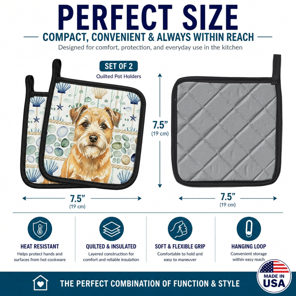Wheaten Border Terrier Coastal Sea Glass Pot Holder Set of 2 Heat Resistant Quilted Hot Pads 7.5 x 7.5 Inch, Insulated Kitchen Trivets for Cooking & Baking