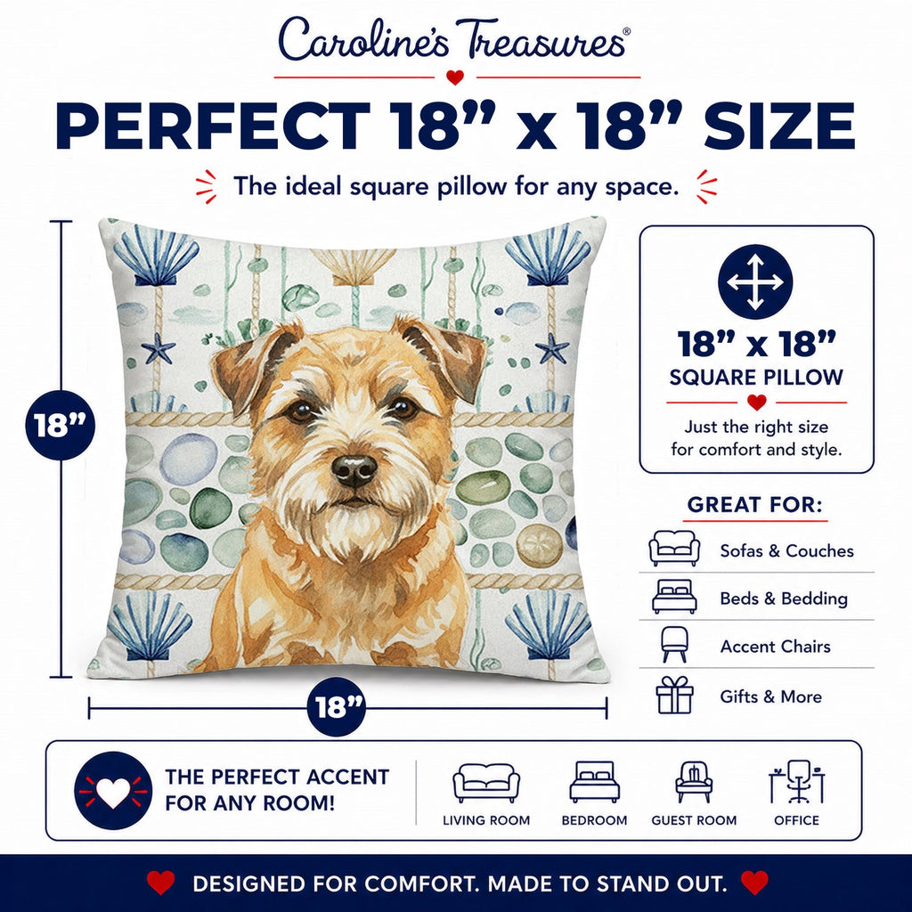 Wheaten Border Terrier Coastal Sea Glass Decorative Throw Pillow 18x18 Indoor Outdoor Accent Cushion, Fabric Cover with Insert for Sofa, Bed, Porch & Living Room